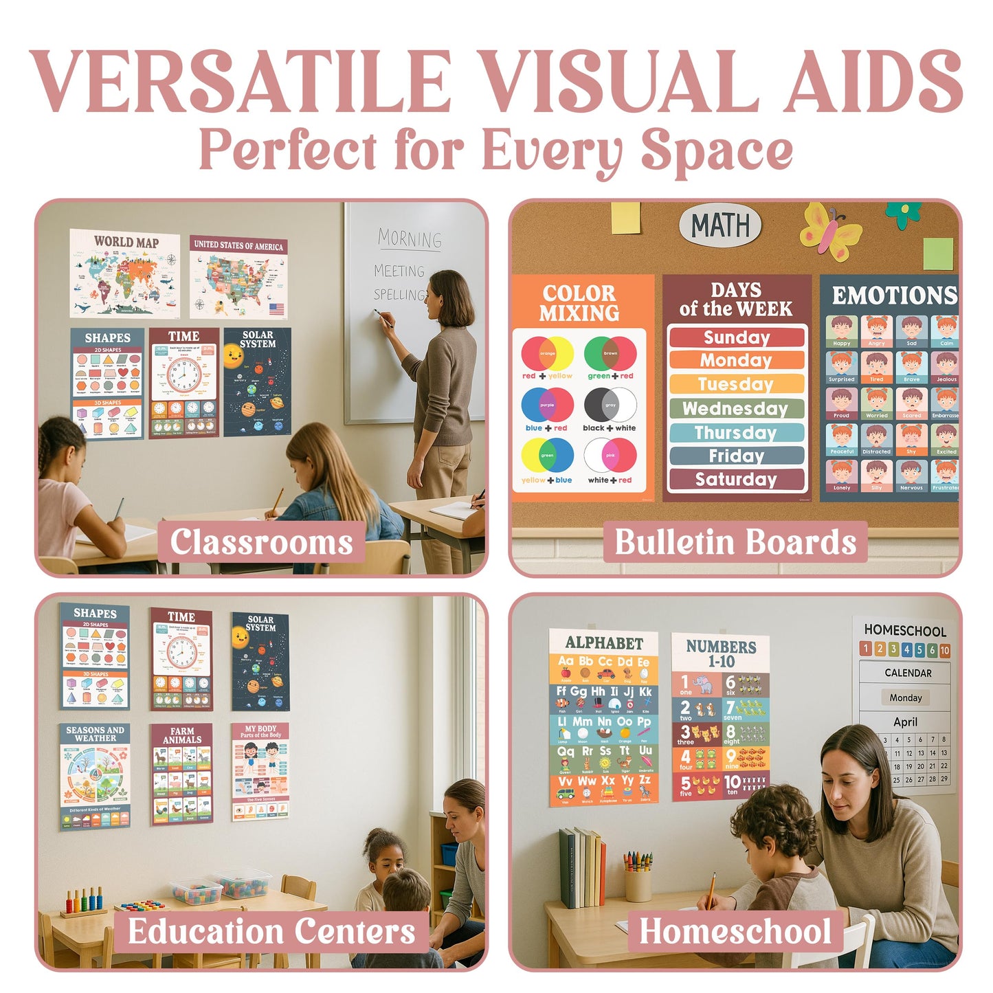 Decorably 20 Boho Learning Posters for Kids Ages 3-5, 11x17in Educational Matte-Laminated for Classrooms, Homeschool, School Hallways, Bulletin Boards