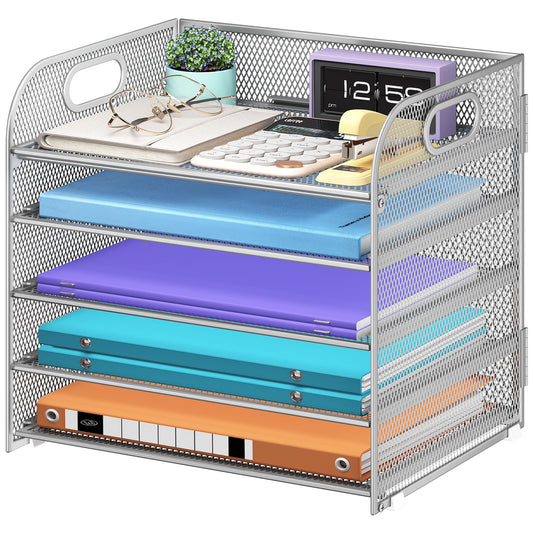 Cawukege 5 Tier Paper Organizer with Handle, Silver Metal Mesh Desk Organizer File Folder Paper Letter Tray Desktop Document Sorter for Classroom, School, Office Accessories Organization and Storage