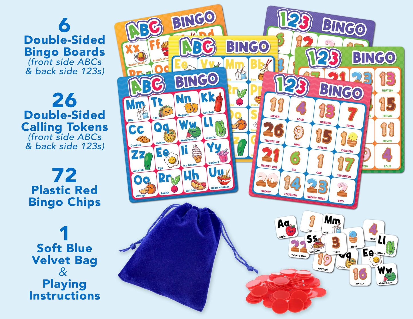 Party Hearty Alphabet and Number, ABC and 123 Bingo Board Game for Kindergarten and Preschool Kids Learn to Read Fun 2 Versions for Ages 4 and Up (Food Edition)