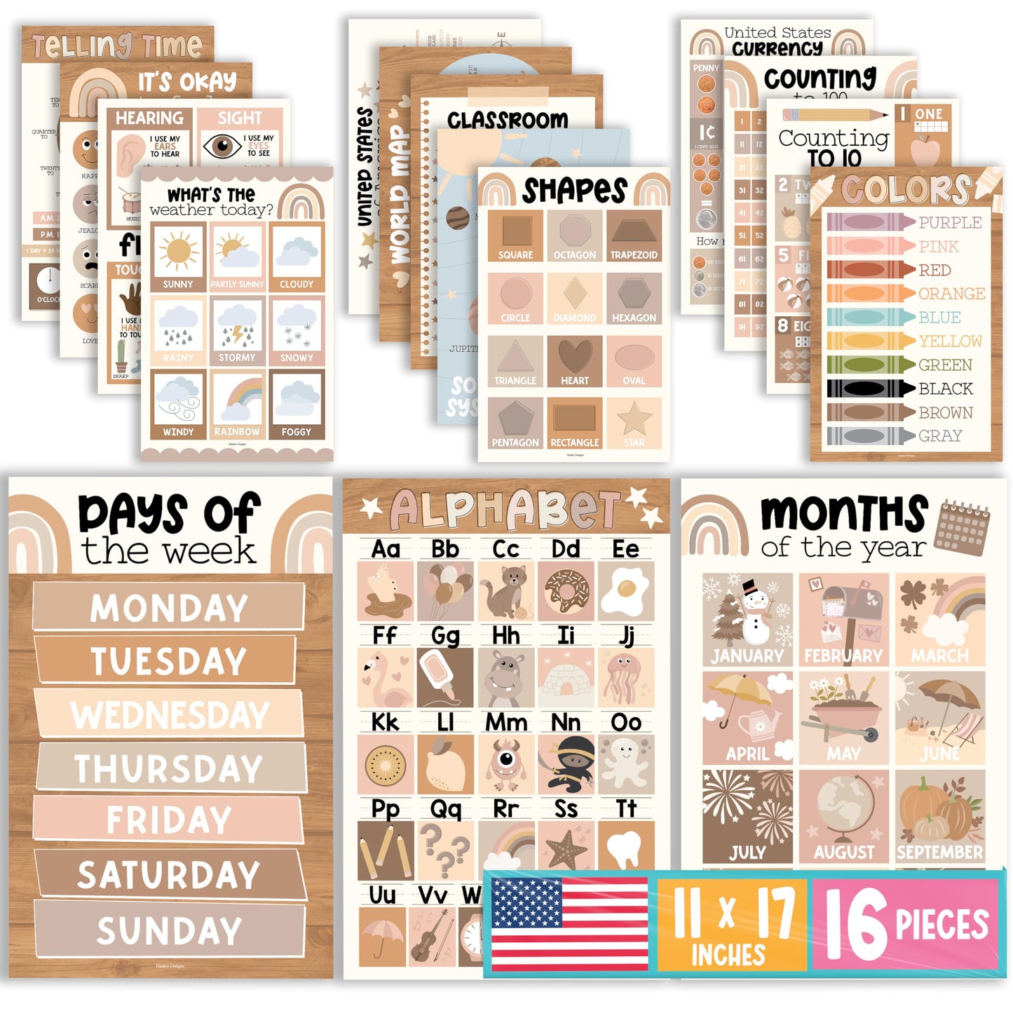 Hadley Designs 16 Educational Posters for Classroom Decor - Boho Educational Posters for Toddlers 1-3, Toddler Learning Posters for Kids Ages 3-5, Kindergarten & Preschool Classroom Must Haves