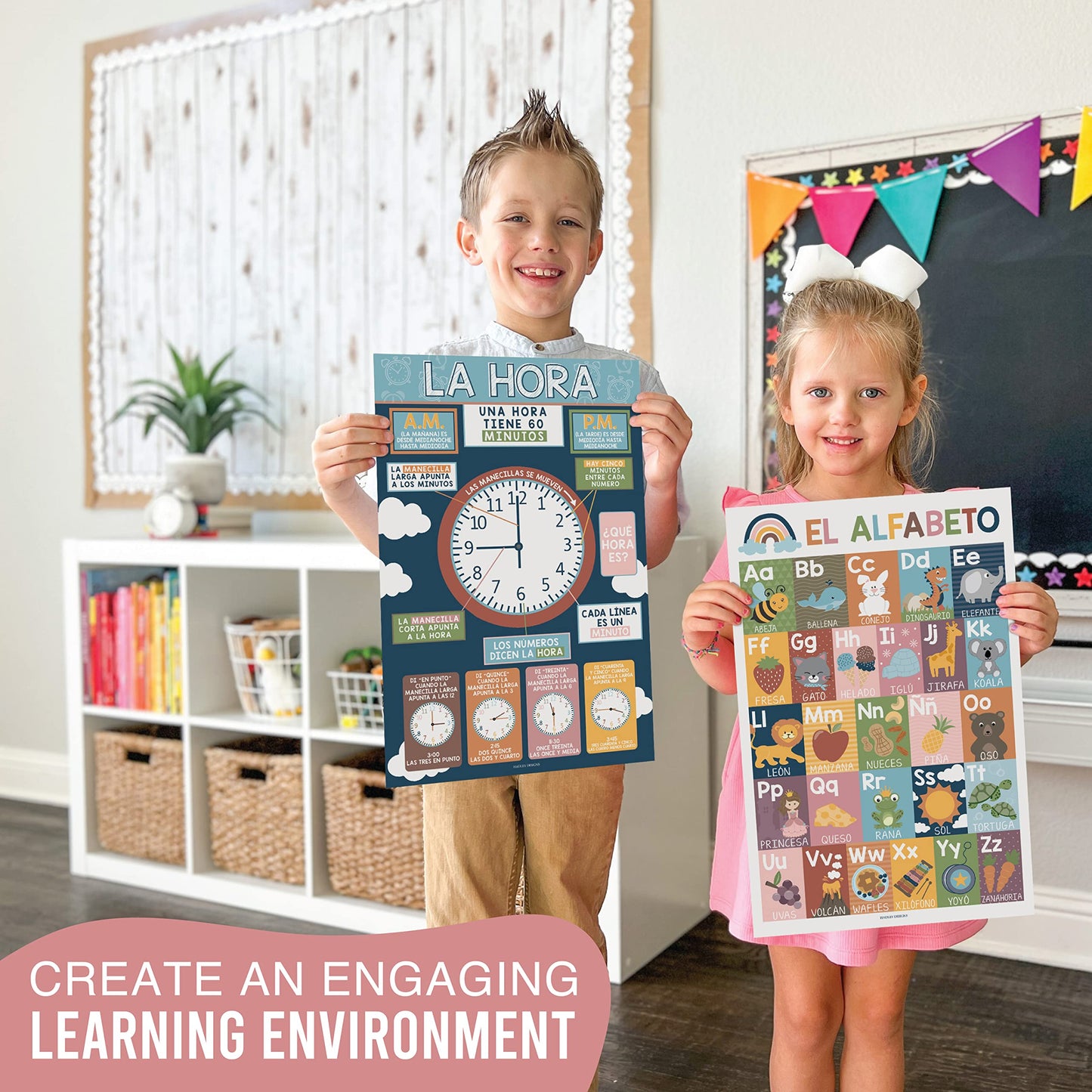 Hadley Designs Spanish Posters for Classroom - 12 Bilingual Educational Posters for Spanish Classroom Decorations Must Haves, Calendario y Alfabeto en Español Para la Pared, Boho Teacher Supplies
