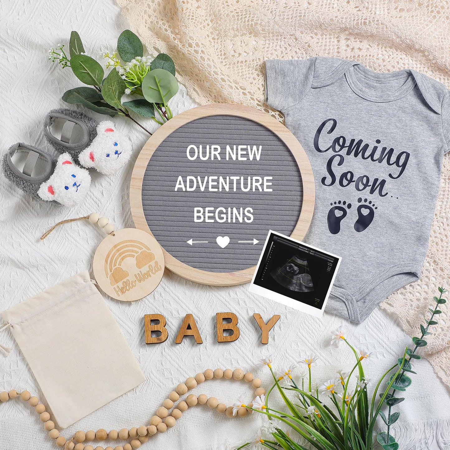 Canlierr 8 Pcs Pregnancy Announcement Set Pregnancy Reveal Ideas Include Felt Letter Round Board Kit Baby Bodysuit Booties Wood Blocks Wooden Signs for Coming Soon Baby Announcement(Gray)