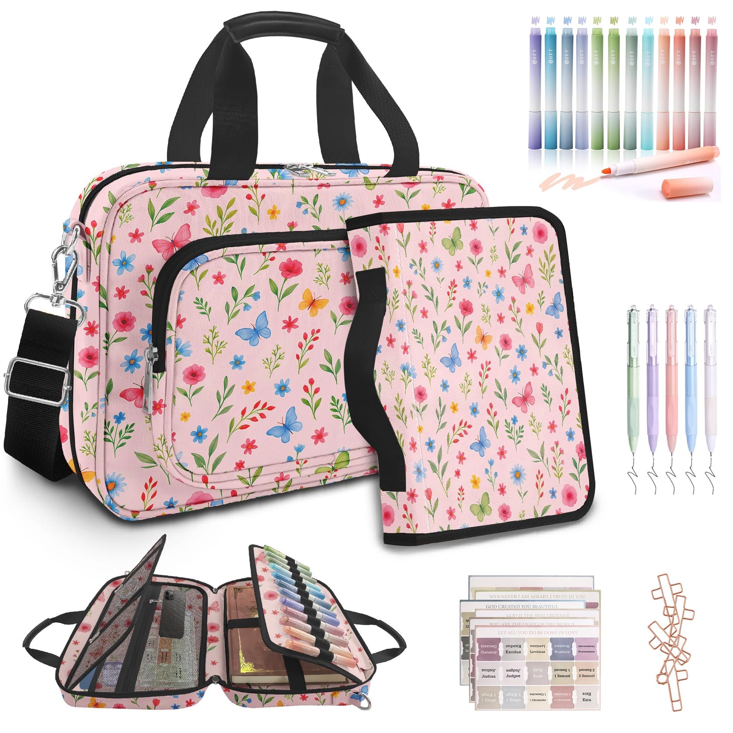 Cute Flower Large Bible Cover Case for Women Girls Organizer, Church Bag Book Carrying Case with Highlighters Shoulder Strap Pens Cross Clip Study Supplies Journaling Kit, Christian Gifts Pink