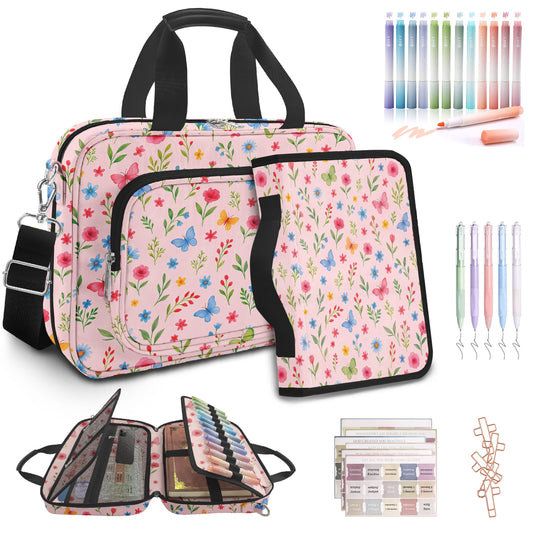 Cute Flower Large Bible Cover Case for Women Girls Organizer, Church Bag Book Carrying Case with Highlighters Shoulder Strap Pens Cross Clip Study Supplies Journaling Kit, Christian Gifts Pink