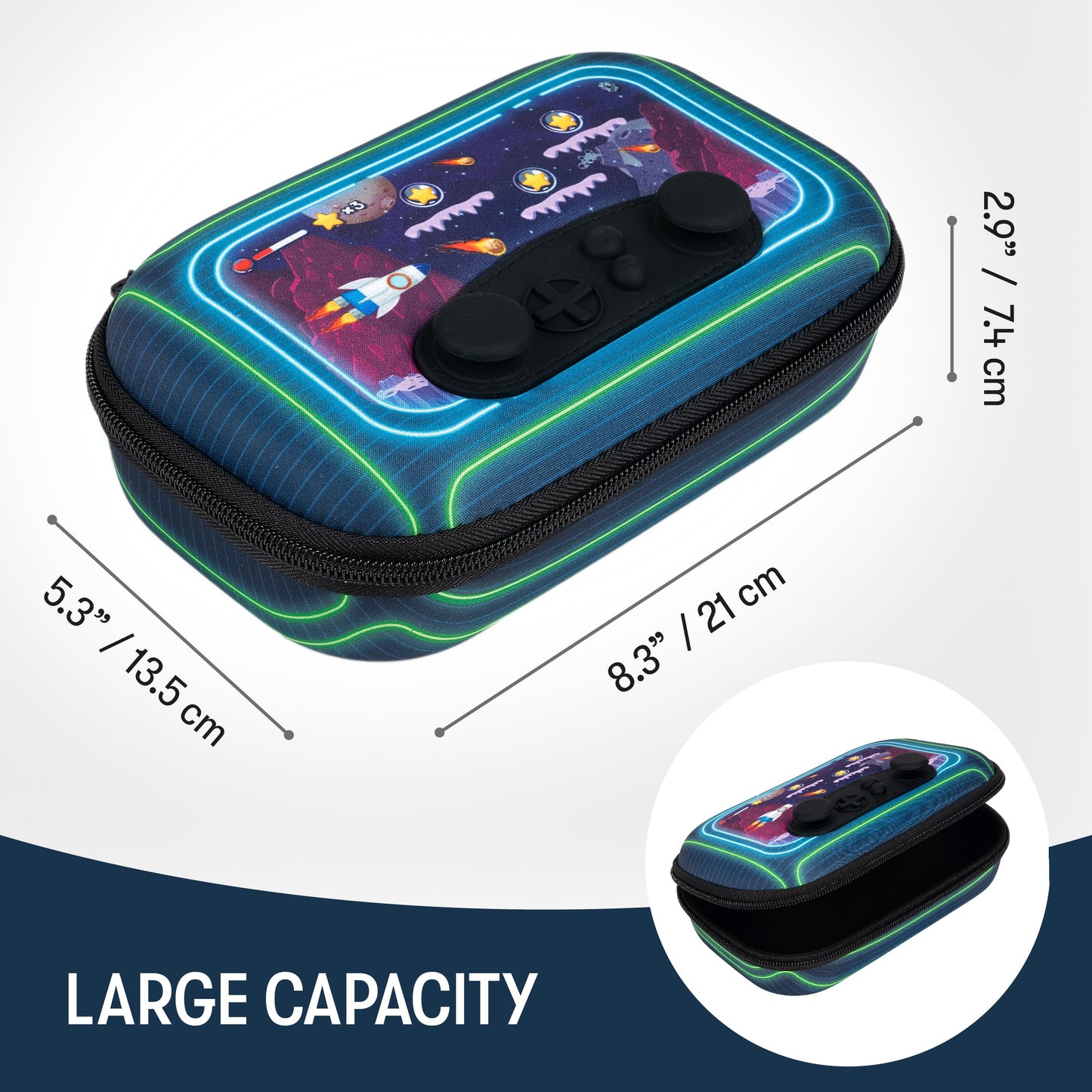 ZIPIT Gamer Pencil Case for Boys, Durable Pencil Box for School, Large Capacity Stationery Organizer Box, Green Rockets