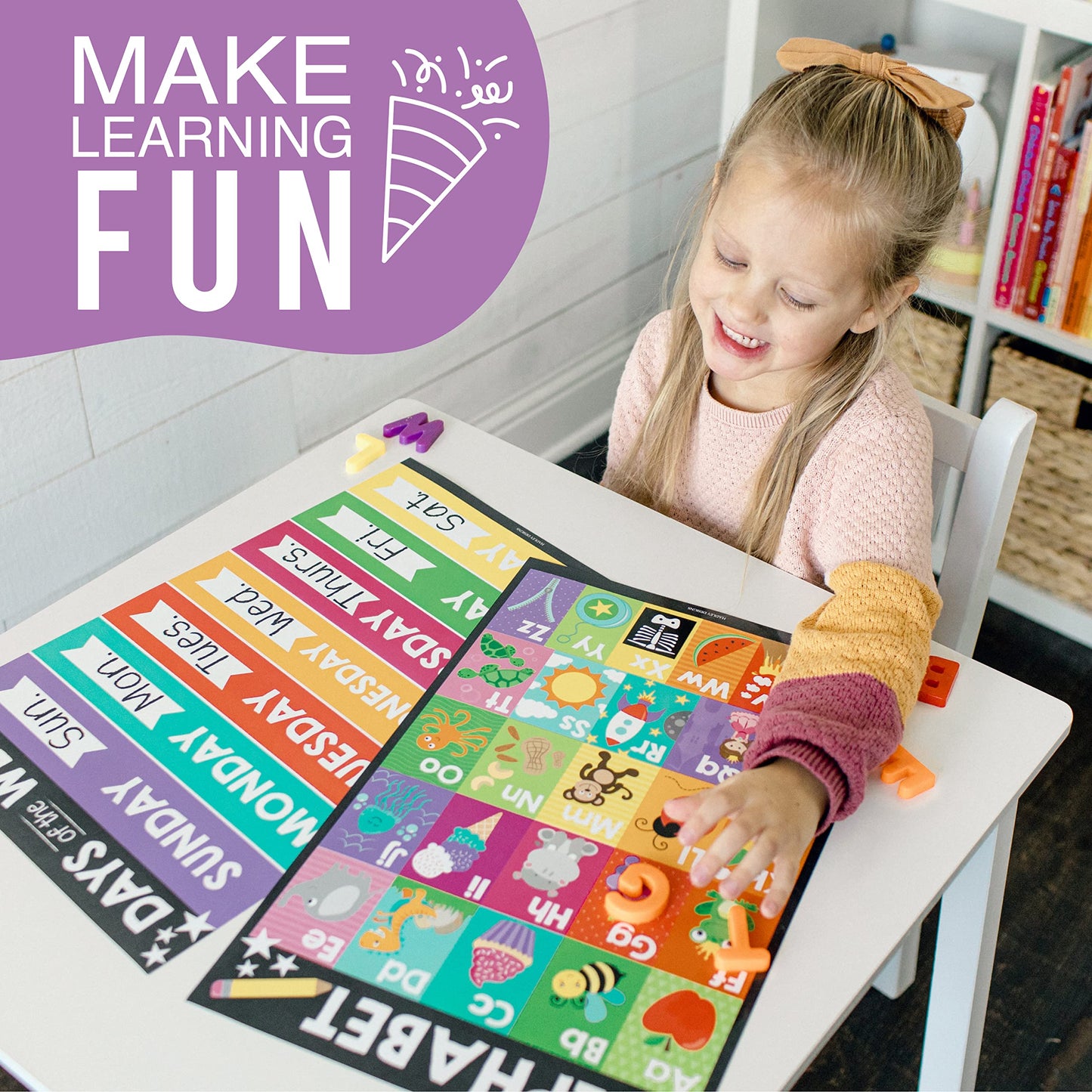 Hadley Designs 4 Alphabet, Months of the Year, Weather, Days of The Week Calendar For Kids, ABC Chart for Wall for Toddlers, Laminated Charts for PreK Classroom or Homeschool, Chalk Posters 11x17