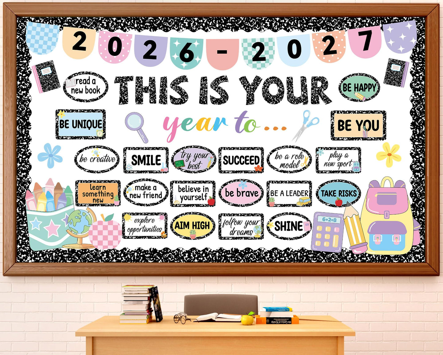 This is Your Year Bulletin Board Set Composition Notebook Classroom Decoration Inspirational Positive Affirmation Cutouts Welcome Back to School Bulletin Board for Office Chalkboard Wall Supplies