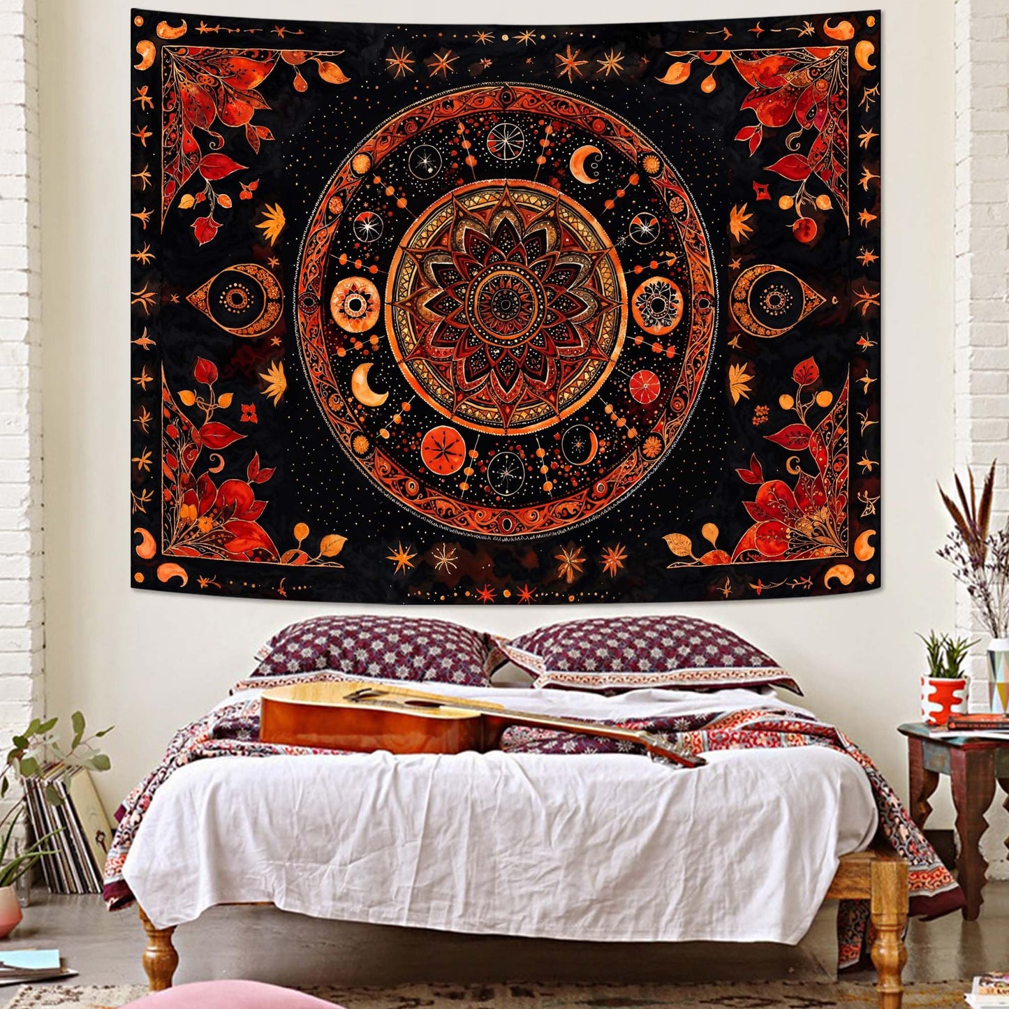 Lunerfex Mandala Moon and Stars Tapestry Boho Tapestry for Bedroom Black and Orange Tapestries Wall Hanging Living Room Wall Art and Home Decor 70x90