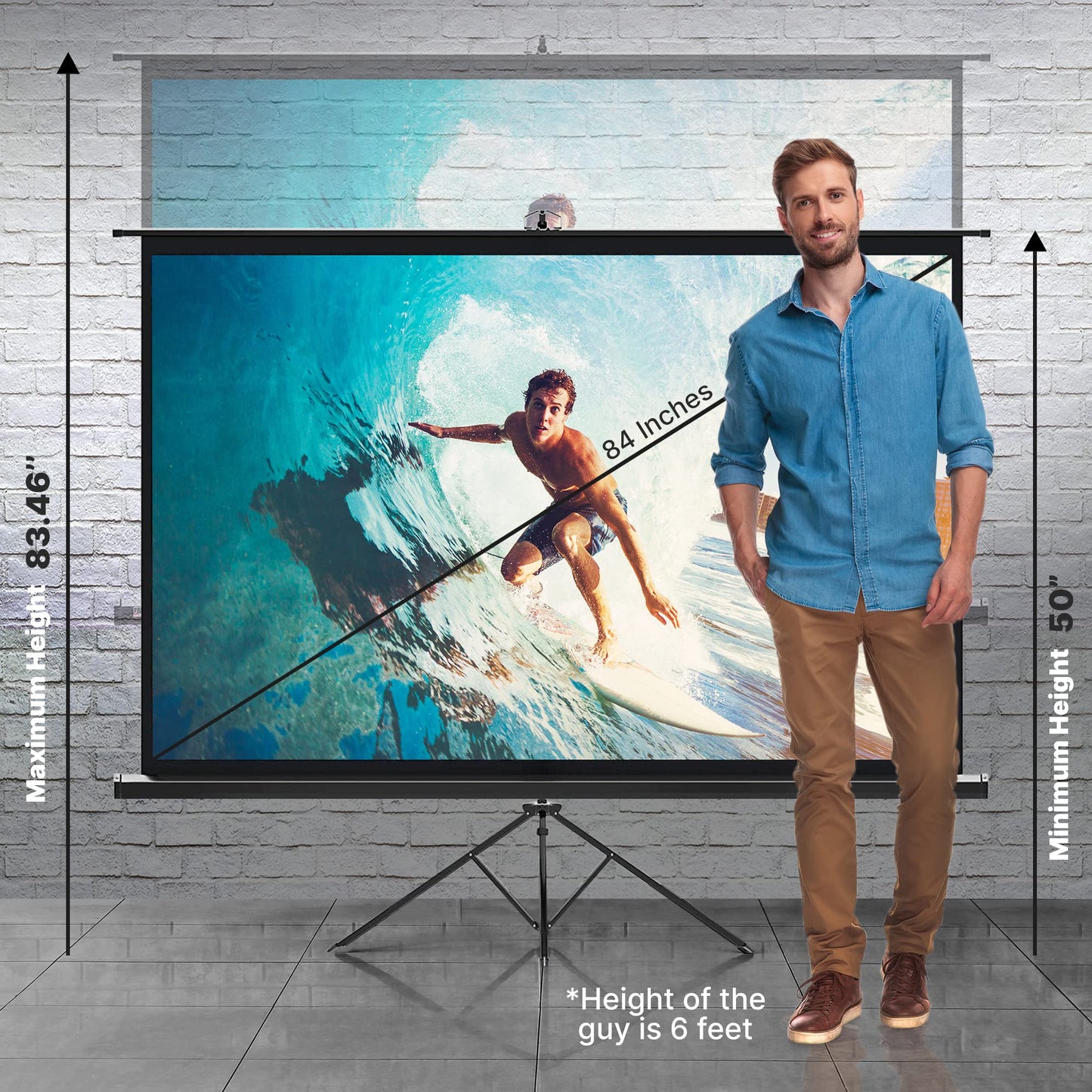Pyle 80 Inch Portable Projector Screen with Tripod Stand - Quick Setup Fold Out Roll Up Screen Featuring White Matte Surface 16:9 Aspect Ratio Black Masking Border, Ideal for Indoor and Outdoor Use