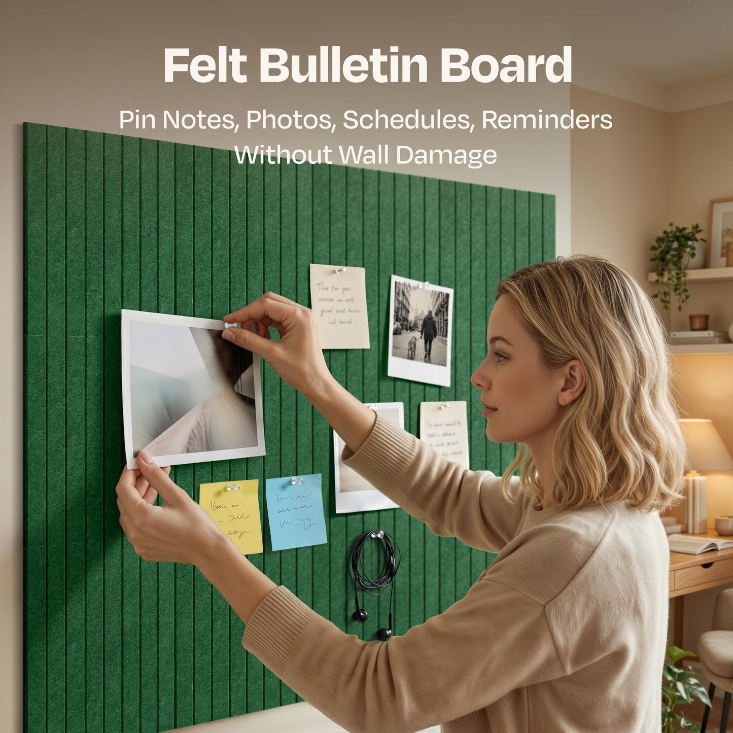 X-Large Cork Board Alternative 12-Pack Felt Bulletin Board Thick and Decorative Pin Board for Home Office Walls 47.24 x 35.43 Inches with 72 Adhesive Tabs - [Dark Green]