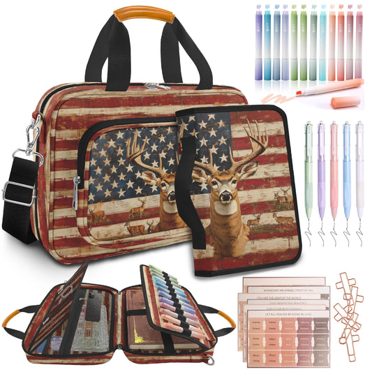 Vintage American Flag Deer Large Bible Bags for Women Men Organizer with Bible Cover Case, Bible Cover with Shoulder Strap & Pens & Highlighters & Cross Clip Study Kit for Bible Church,Christian Gifts