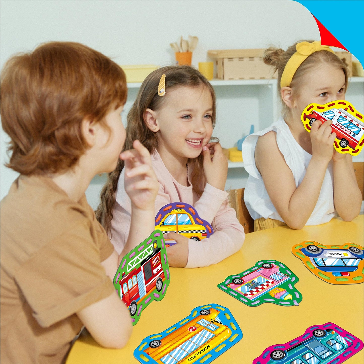SpriteGru 9 Pieces Kids Lacing Cards, Double Sided Sewing Cards in 9 Vehicle Cards with 9 Colorful Laces, Imagination Development Lacing Toys Games for Children Educational and Learning Activity
