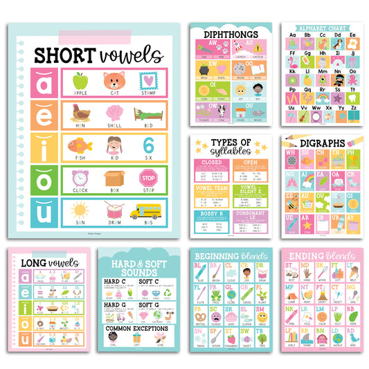 Hadley Designs Phonics Posters for Classroom Must Haves - 9 Sound Wall for Kindergarten & Elementary Teacher Supplies, Syllable, Vowels, Digraphs & Blends Bulletin Board Set, Pastel Classrom Decor