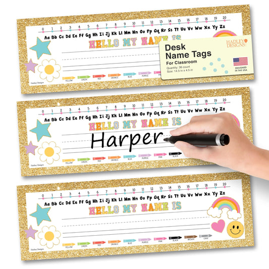 Hadley Designs Desk Name Tags for Classroom –25 Student Name Tags for Desks, 13x3 Name Plates for Classroom Decor, Teacher Supplies, Colorful Nametags, 1st-3rd Grade Kindergarten Preschool Must Haves