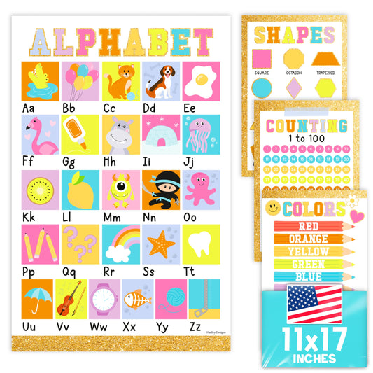 Hadley Designs Educational ABC Posters for Classroom Wall Decor - Preschool Learning Posters for Toddlers 1-3, Shapes Color 1-100 Number Chart & Alphabet Poster, Daycare Playroom Homeschool Essentials