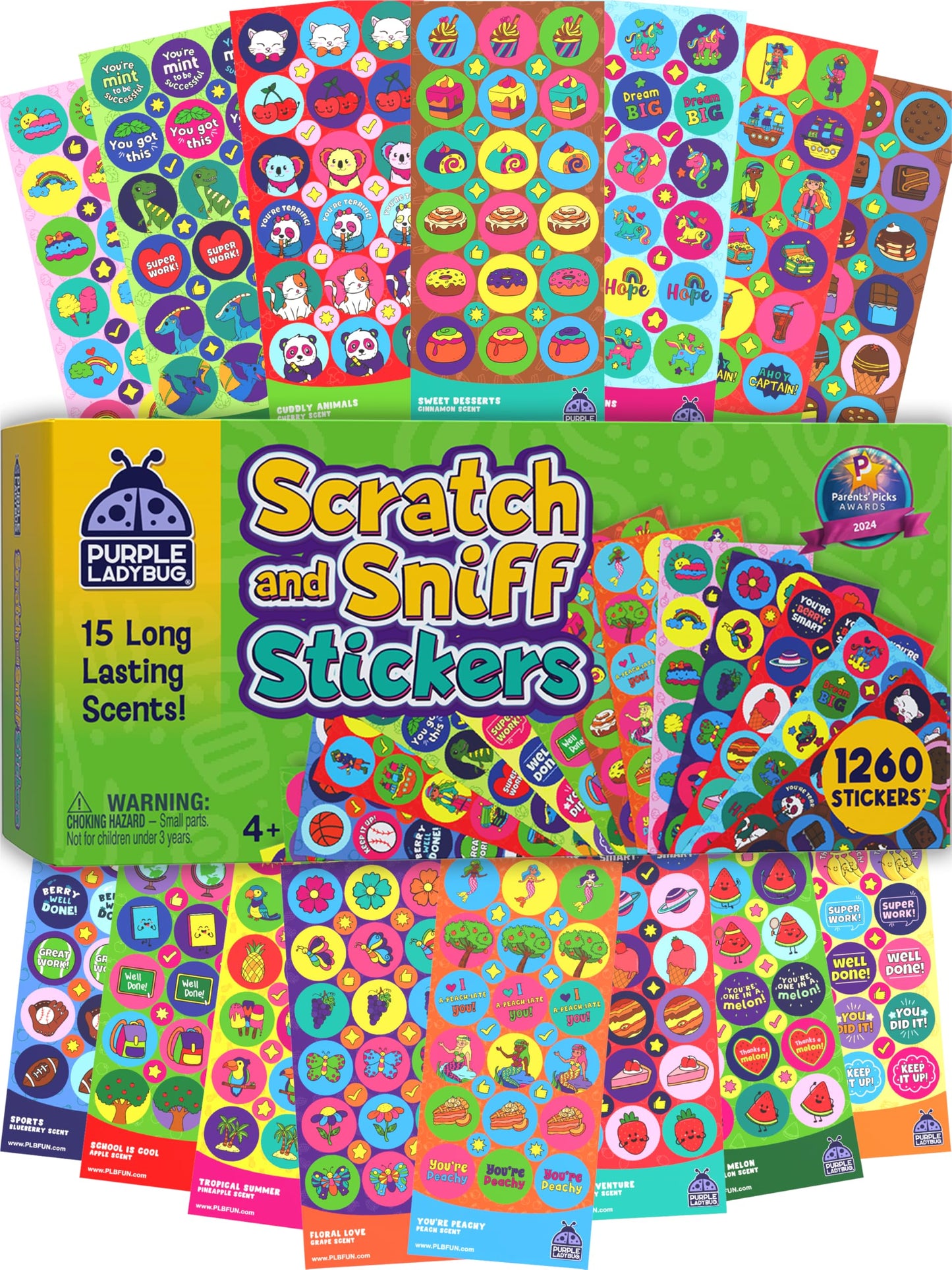 Purple Ladybug 1260 Variety Scratch and Sniff Stickers - 15 Unique Scents - Fun and Motivational Rewards for Kids and Teachers Must Haves, Smelly Sticker for Classroom, & Back to School Gift