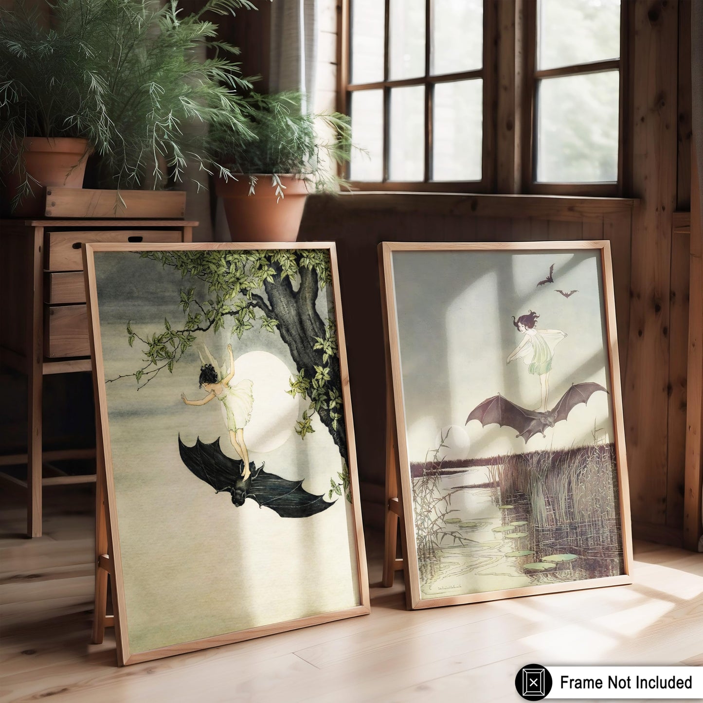 Poster Master 2-Piece Vintage Winged Fairy Riding A Black Bat Poster - Fairytale Print - Mythical Art - Fairy Art - Halloween Creative - Aesthetic Living Room or Bedroom Display - 8x10 UNFRAMED Wall Display