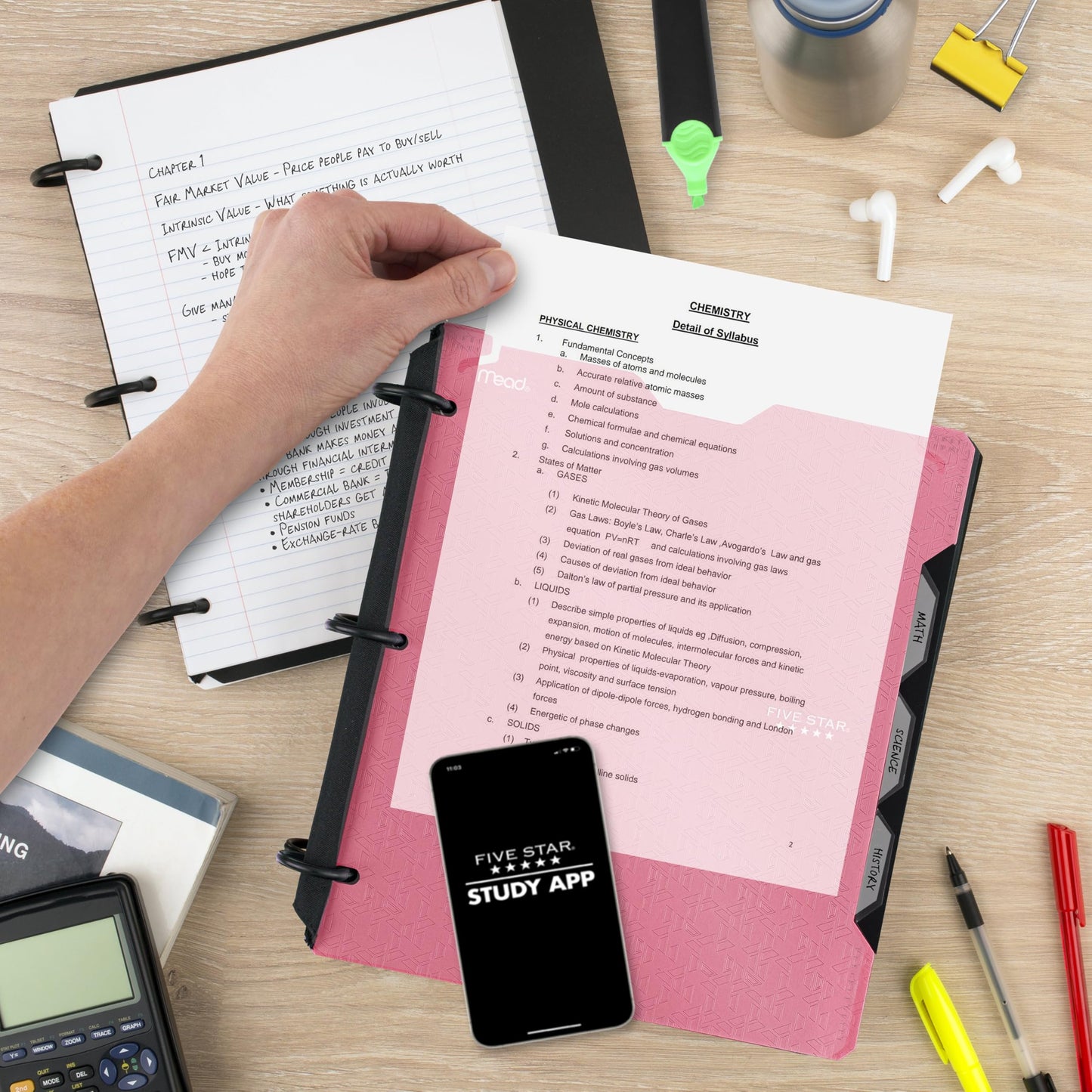 Five Star Flex Refillable Notebook + Study App 1 Inch O-Rings Binder with Pockets Tabs and Dividers, 220 Sheet Capacity, Includes 60 Sheets 8.5" x 11" College Ruled Paper, Prom Pink (293260R)