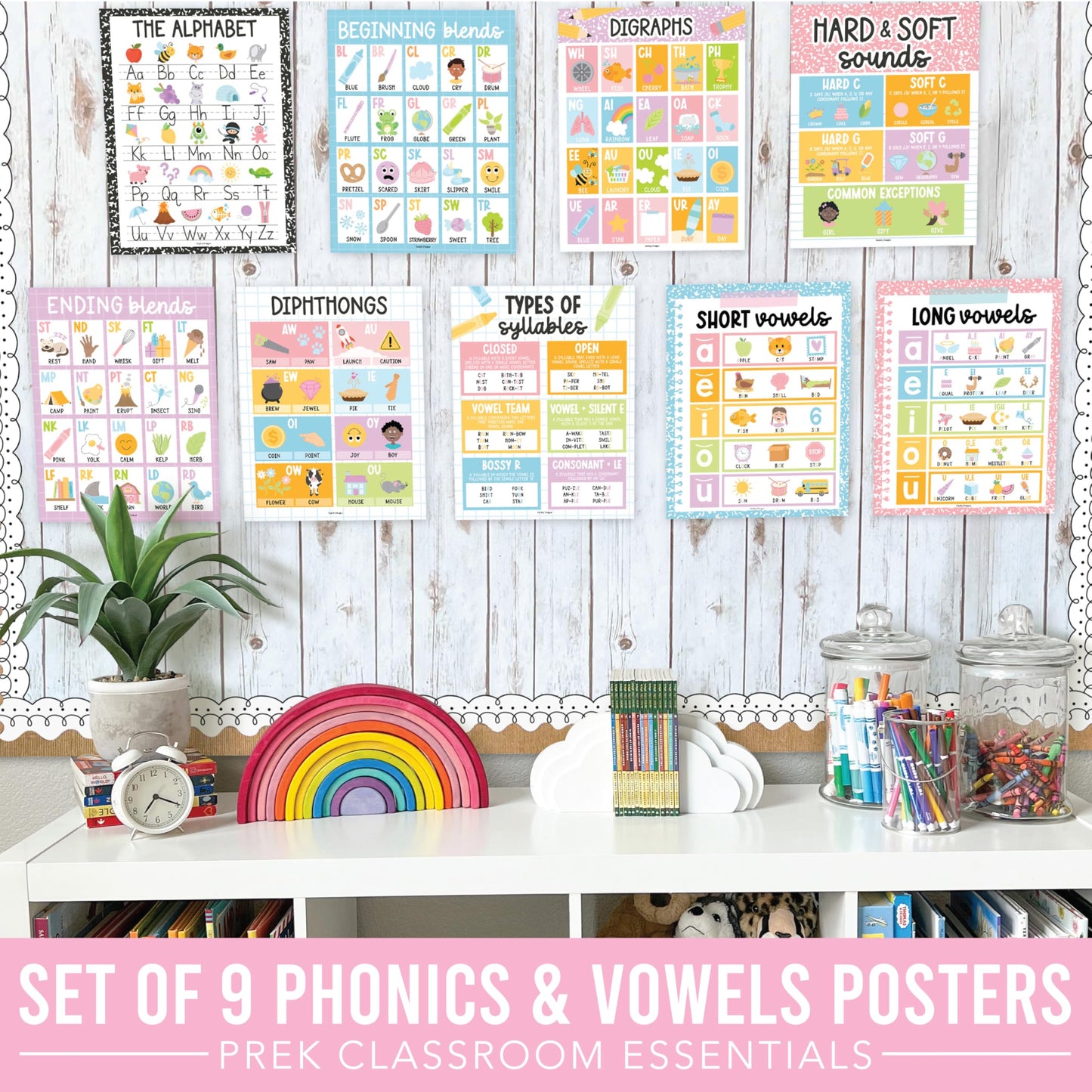 Hadley Designs Phonics Posters for Classroom Must Haves - 9 Sound Wall for Kindergarten & Elementary Teacher Supplies, Syllable, Vowels, Digraphs & Blends Bulletin Board Set, Pastel Classrom Decor