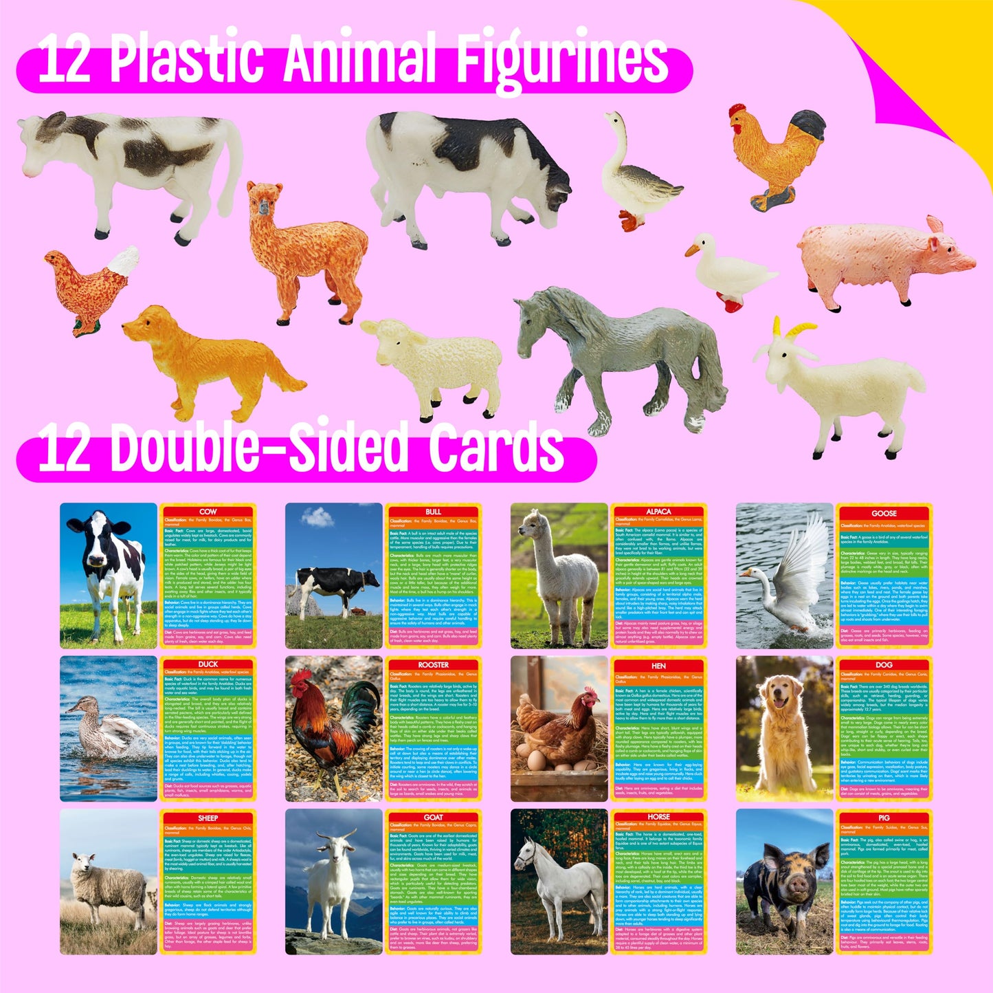 12 PCS Farm Animal Figurines with 12 Introducing Flashcards, Realistic Farm Animals Playset Montessori Toys Science Educational Matching Game for Homeschool Preschool Toddler Kids