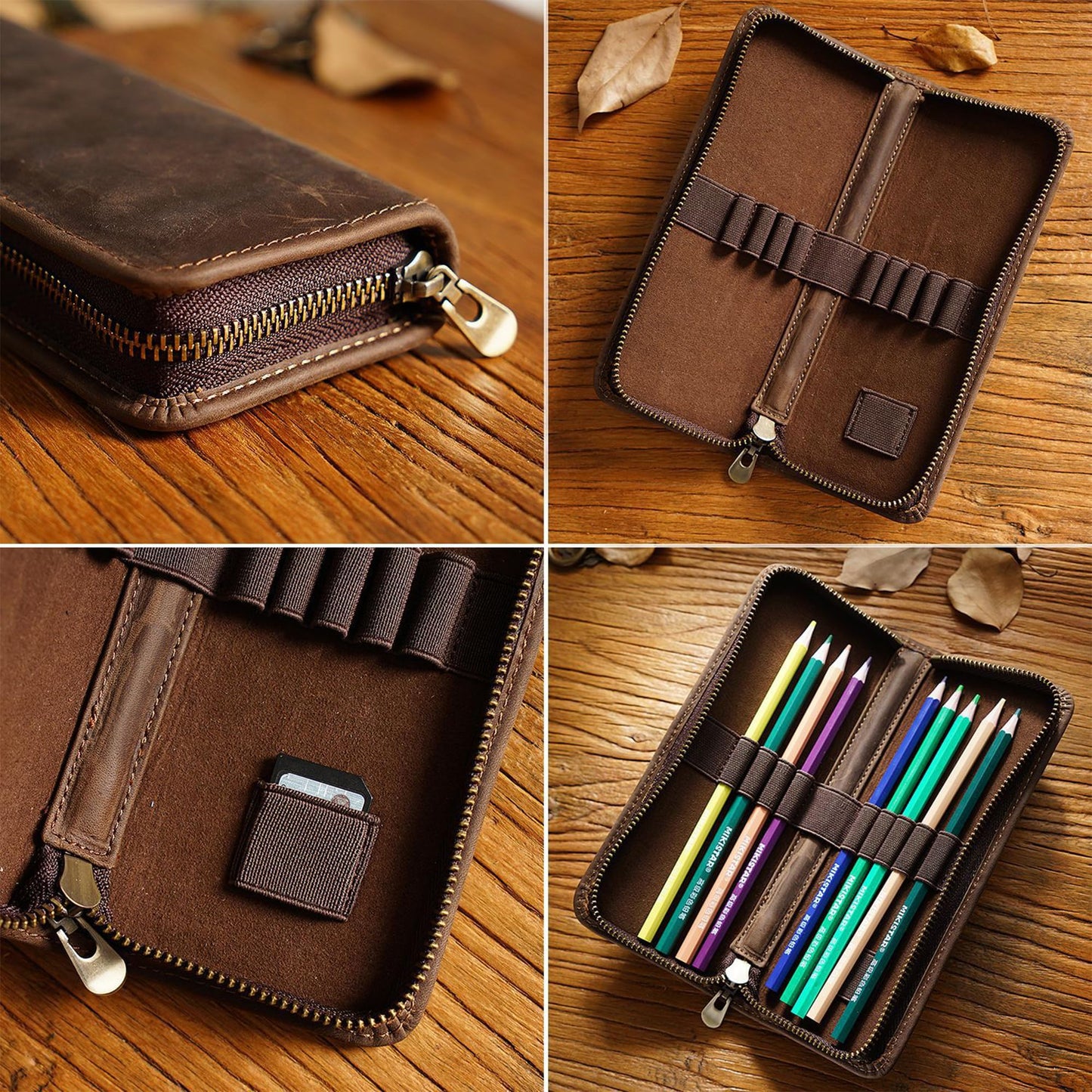 MIVLXLX Leather Pencil Case Organizer, 10 Wooden Pencils Portable Pen Case Storage for Drawing Pencils and Markers (black)