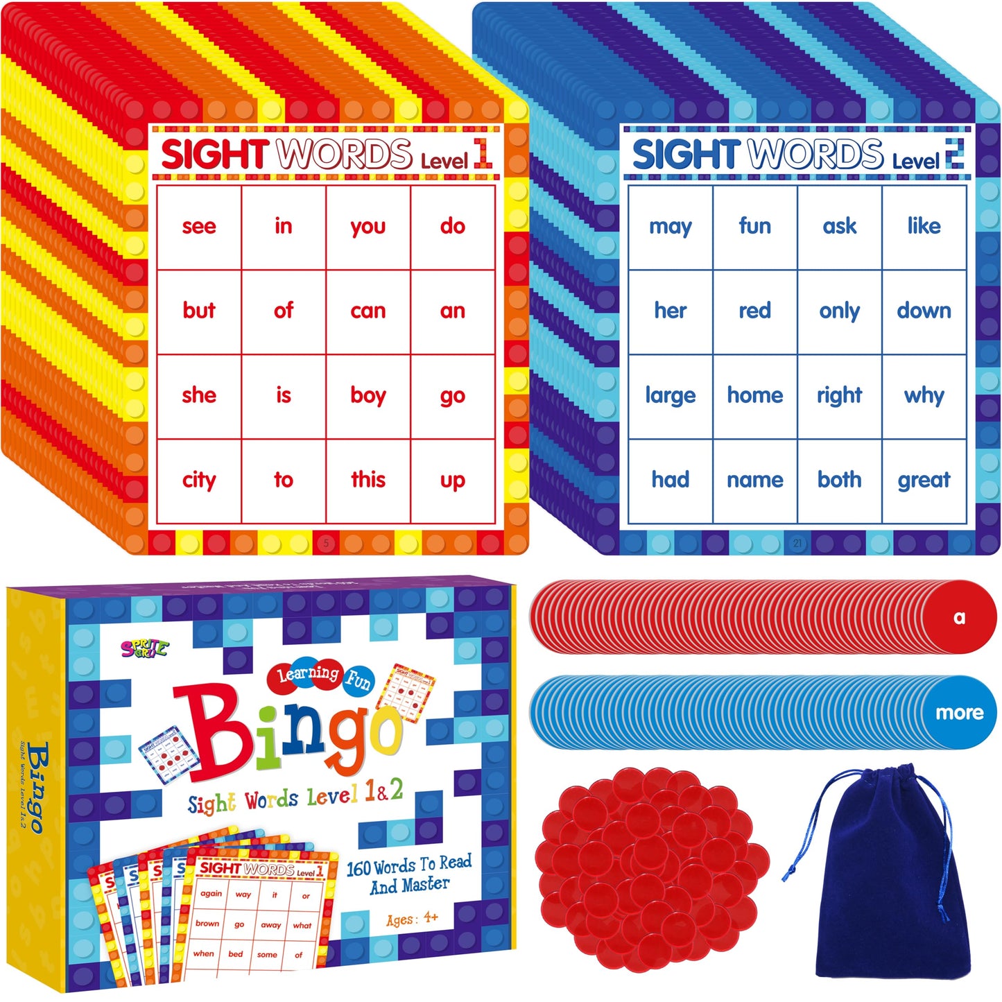 SpriteGru Sight Word Bingo Game, 160 Sight Words Learn to Read Level 1 & Level 2 Bingo Board Game Dolch's & Fry's Words Lists for Kindergarten and Preschool Kids 4-8, Perfect for Classroom & At Home