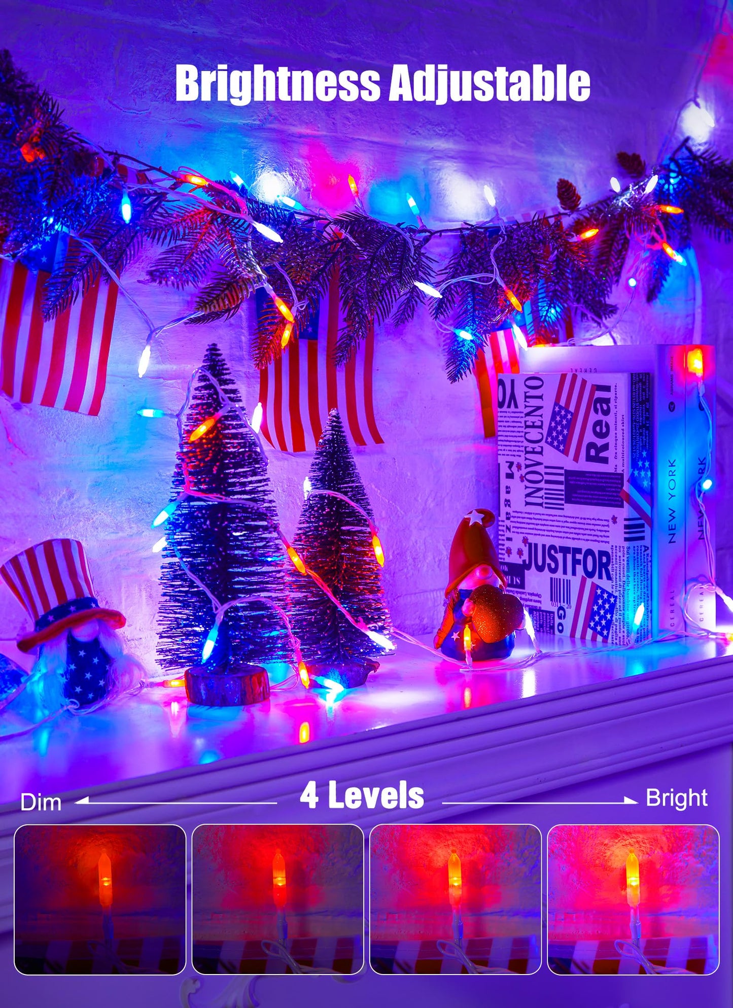 Minetom 200 LED String Lights with Remote, Waterproof, Red White Blue, Indoor/Outdoor, Model DMO-S-100
