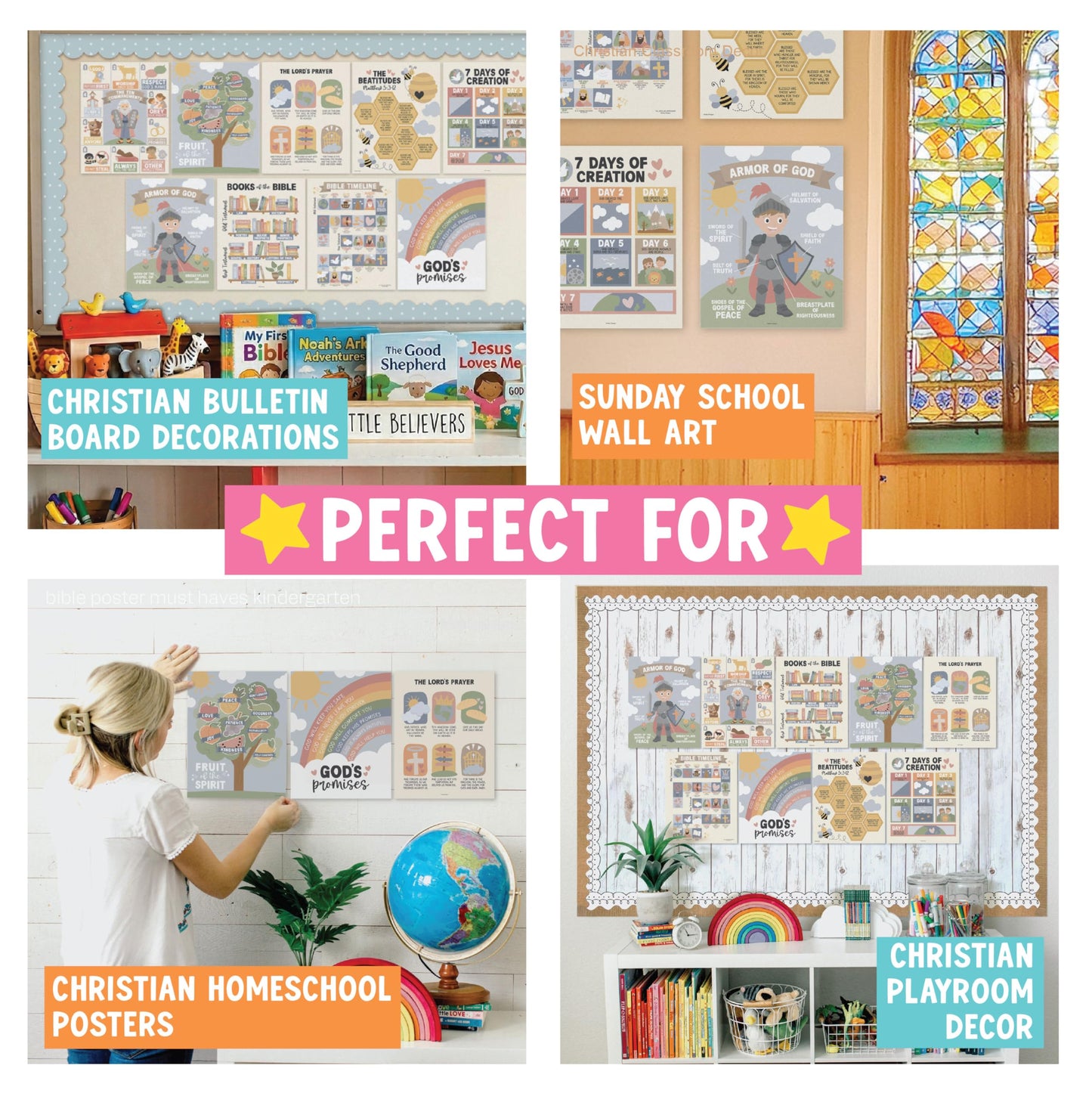 Hadley Designs Sunday School Decorations for Classroom –9 Bible Posters for Kids, Books of the Bible, 10 Commandments, Bible Timeline Chart, Fruits of the Spirit, Boho Christian Classroom Decor
