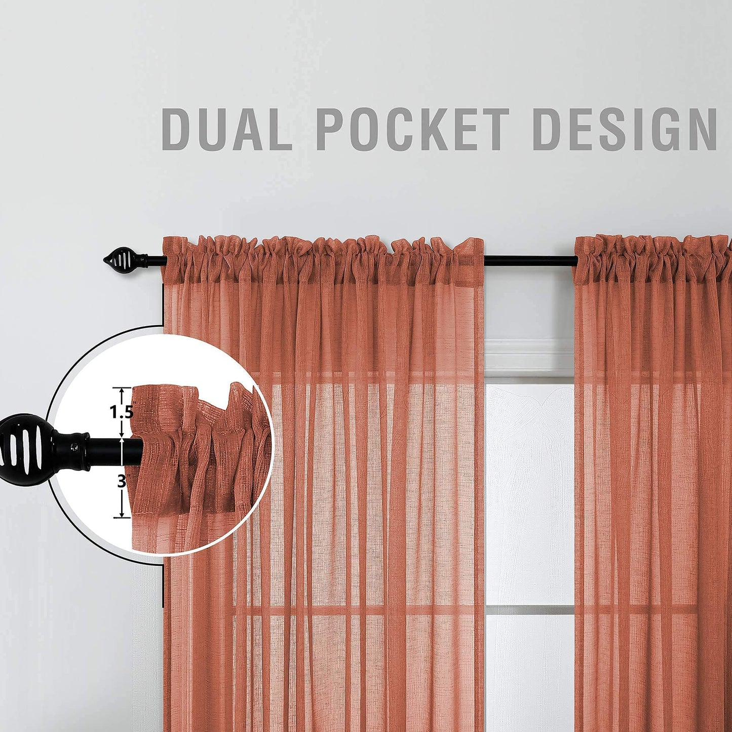 KOUFALL Rustic Curtains for Cabin Living Room 63 Inch Length 2 Panels Set,Farmhouse Sheer Boho Western Curtains for Bedroom 63 Inches Long,Terra Cotta Terracotta Rust Copper Orange