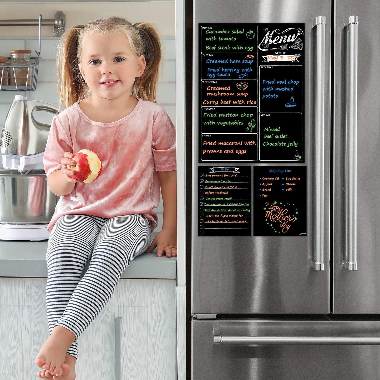 JJPRO Magnetic Dry Erase Menu Board for Fridge - Weekly Meal Planner Chalkboard with Grocery List and Notepad Blackboard Set for Kitchen Refrigerator - Premium Dry Erase Magnetic Blackboard