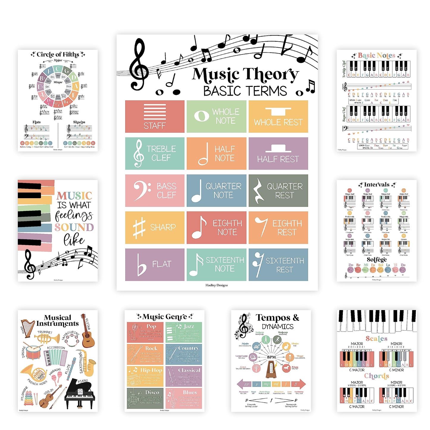 Hadley Designs 9 Music Classroom Posters – Boho Pastel Music Classroom Decor, Choir & Solfege Prints, Bulletin Board Decorations, Educational Supplies for Teachers