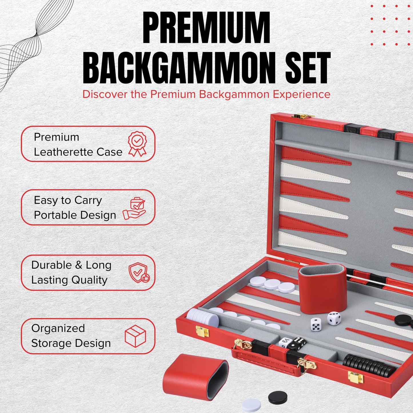Premium Backgammon 18 Inches Large Red - Backgammon Sets for Adults and Kids - Leatherette Back Gammon Board Game Set - Travel Backgammon Set Board Encased with Accessories