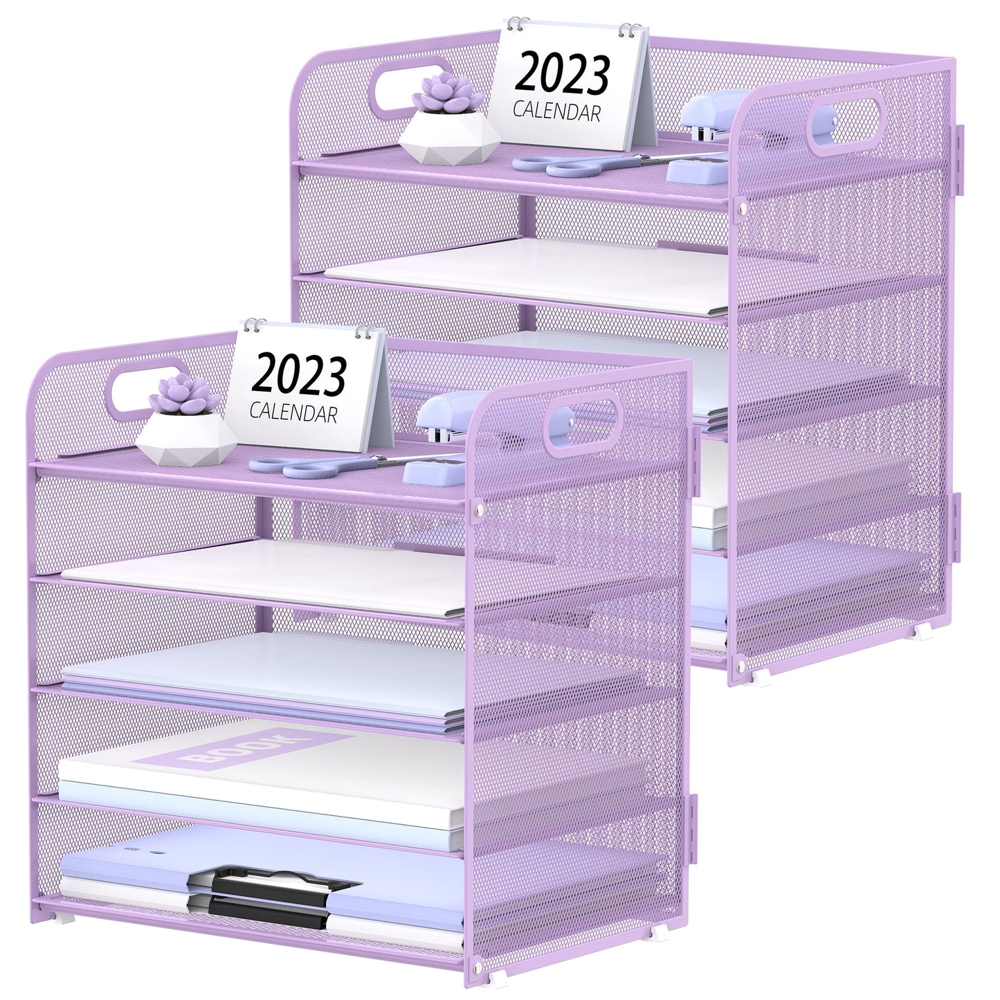 2 Pack 5-Tier Purple Desk Organizer with Handle Mesh Desk File/Paper Organizer Letter Tray for Office, School and Home Easy Installation Purple Office Supplies