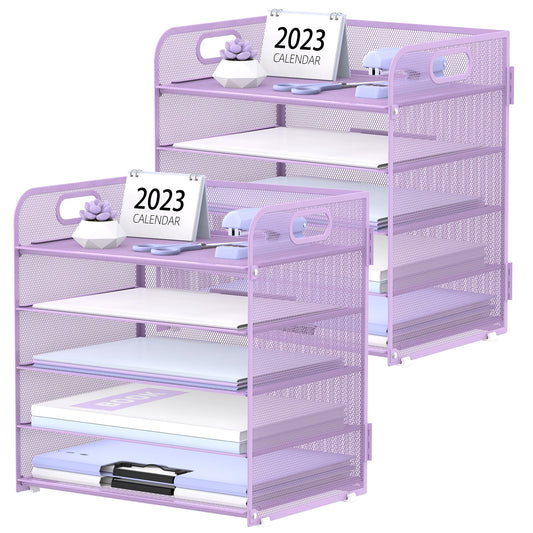2 Pack 5-Tier Purple Desk Organizer with Handle Mesh Desk File/Paper Organizer Letter Tray for Office, School and Home Easy Installation Purple Office Supplies