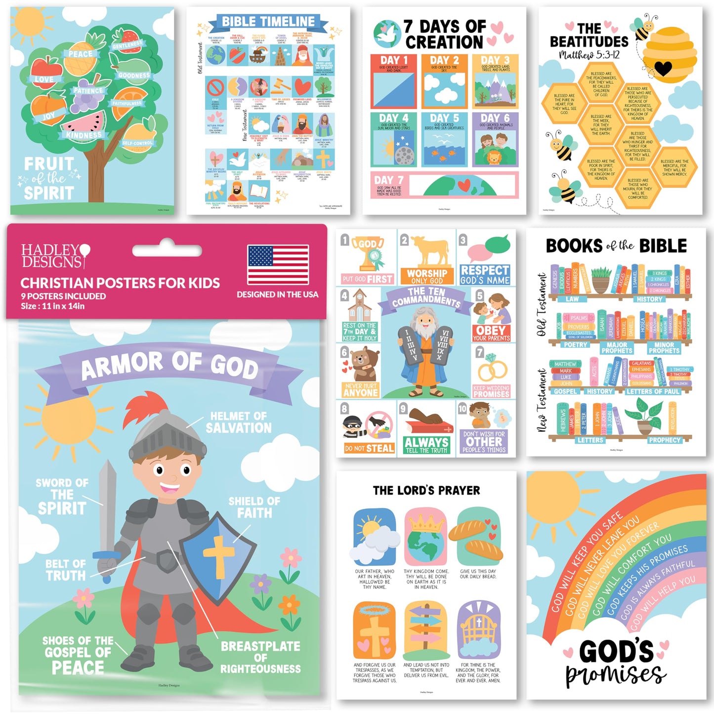 Hadley Designs Sunday School Decorations for Classroom –9 Bible Posters for Kids, Books of the Bible, 10 Commandments, Bible Timeline Chart, Fruits of the Spirit, Pastel Christian Classroom Decor