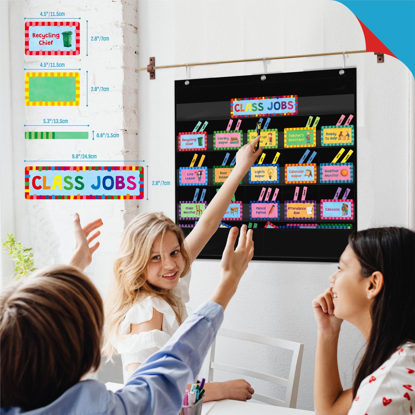 SpriteGru Class Jobs Pocket Chart, 1 Pocket Chart+83 Erasable Cards+3 Metal Hooks+2 Markers, Teacher’s Helper for Classroom Home School Bulletin Board (24.6” x 26”, Black)