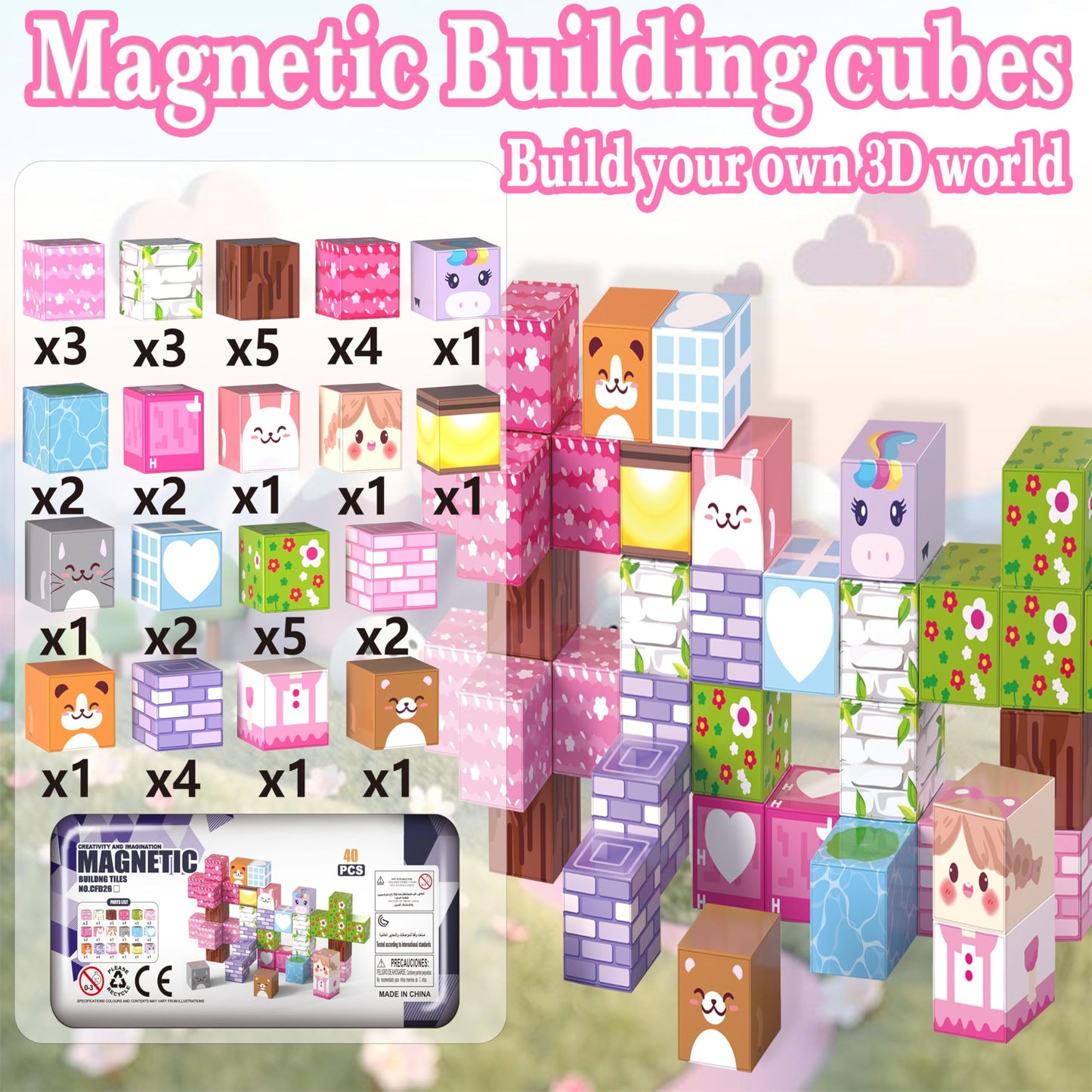 Varaict Magnetic Building Blocks - 40 PCS Animal Cubes Set with Cats Bears Unicorns & Storage Case, STEM Educational Toys for Kids Ages 3-8