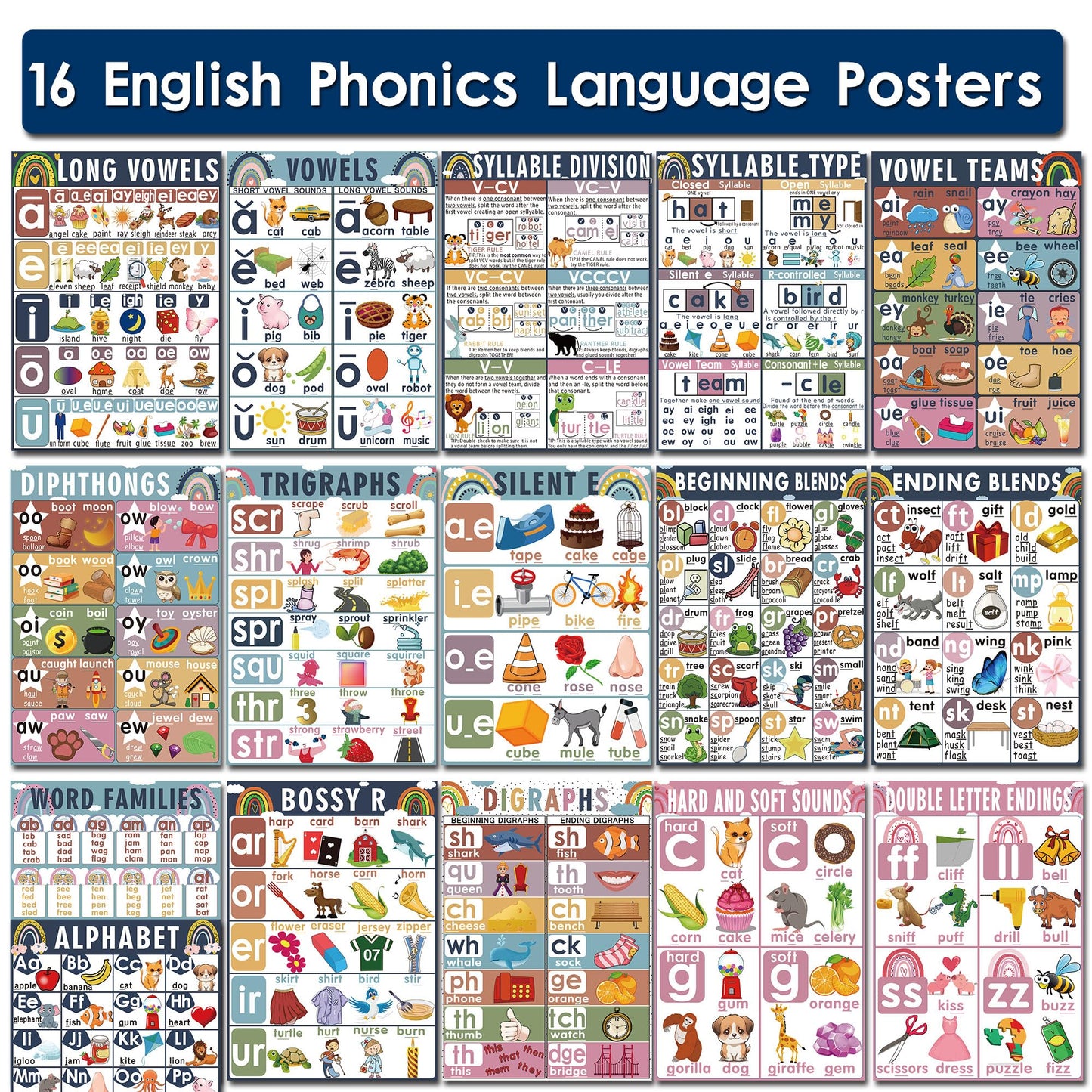 16 Sound Wall Classroom Phonics Language Arts Charts for Kids Toddler Learning Vowels Sounds, Phonics Posters for Classroom, Digraphs and Blends Poster, Reading Poster, Sound Wall Phonics Routine（16 x 11 Inch）