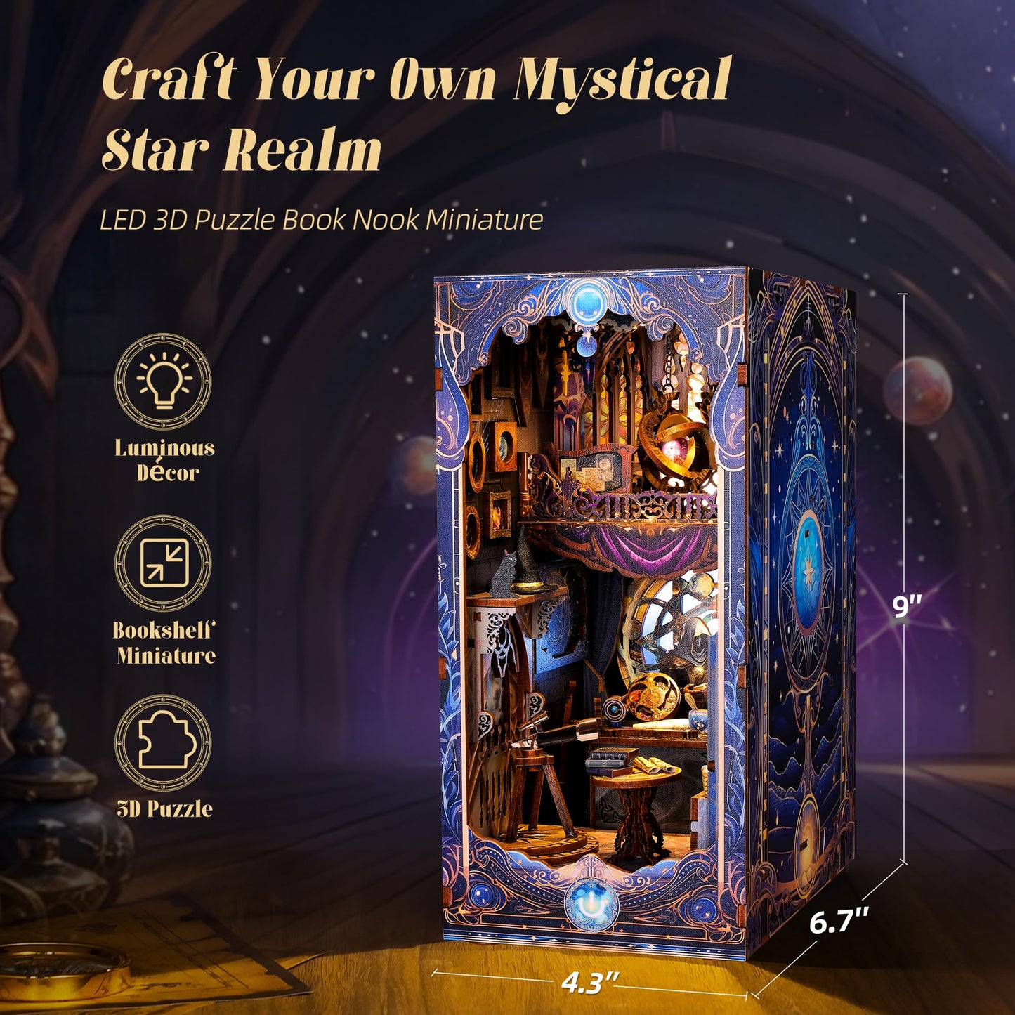 FUNPOLA 3D Wood Puzzle Book Nook Kit, Astrology Star Map Bookshelf Insert with LED Lights, DIY Celestial Miniature Bookend Décor for Display, Unique Craft Gift for Adults and Teens (Astrology)