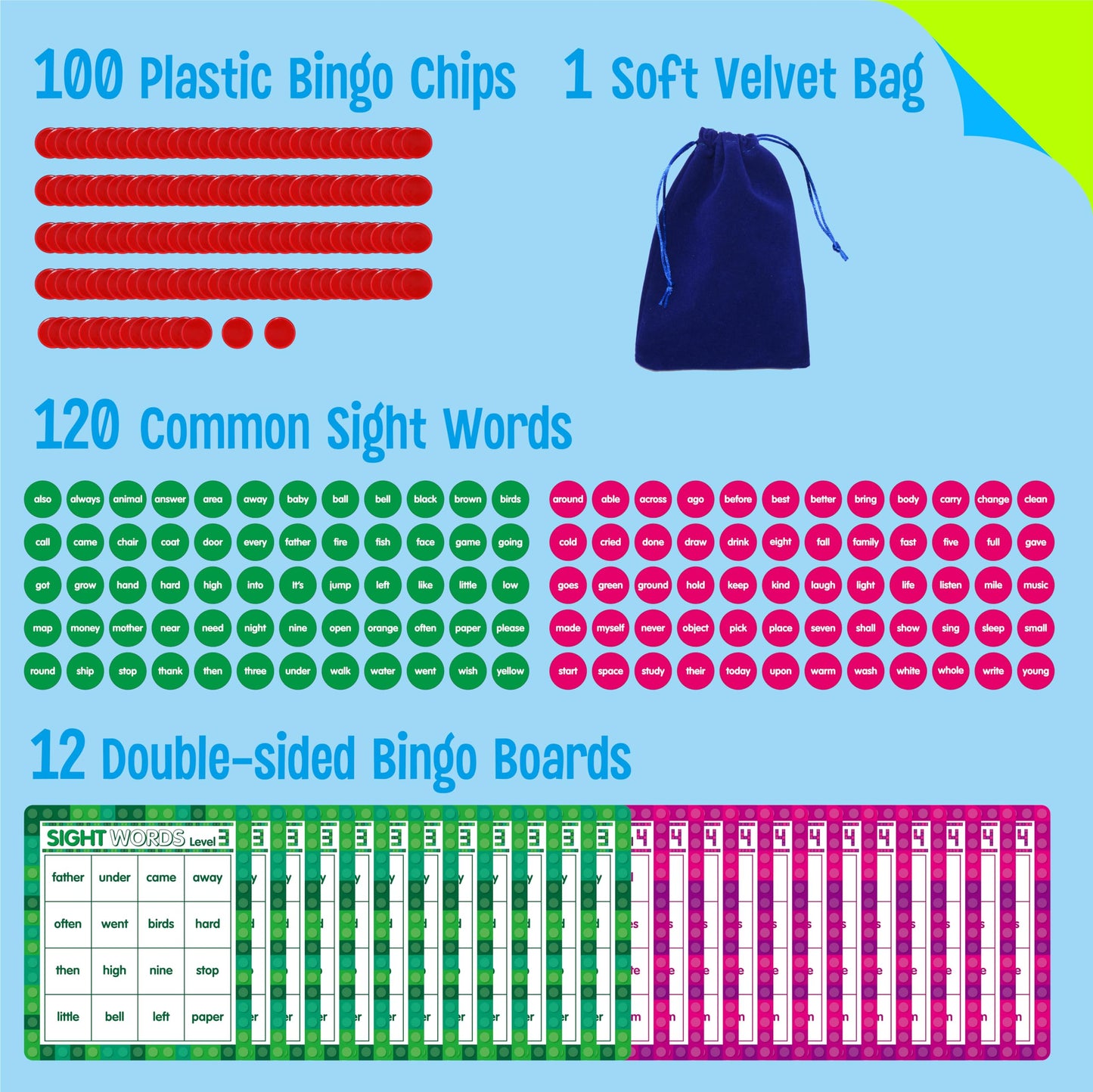 SpriteGru Sight Word Bingo Game, 120 Sight Words Learn to Read Level 3 & Level 4 Bingo Board Game Dolch's & Fry's Words Lists for Kindergarten and Preschool Kids 5+, Perfect for Classroom & At Home