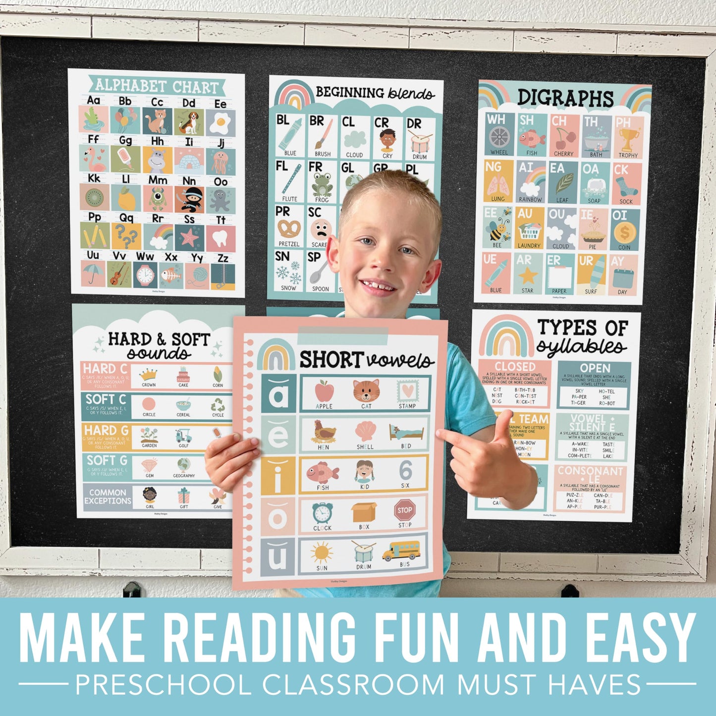 Hadley Designs Phonics Posters for Classroom Must Haves - 9 Sound Wall for Kindergarten & Elementary Teacher Supplies, Syllable, Vowels, Digraphs & Blends Bulletin Board Set, Boho Classrom Decor