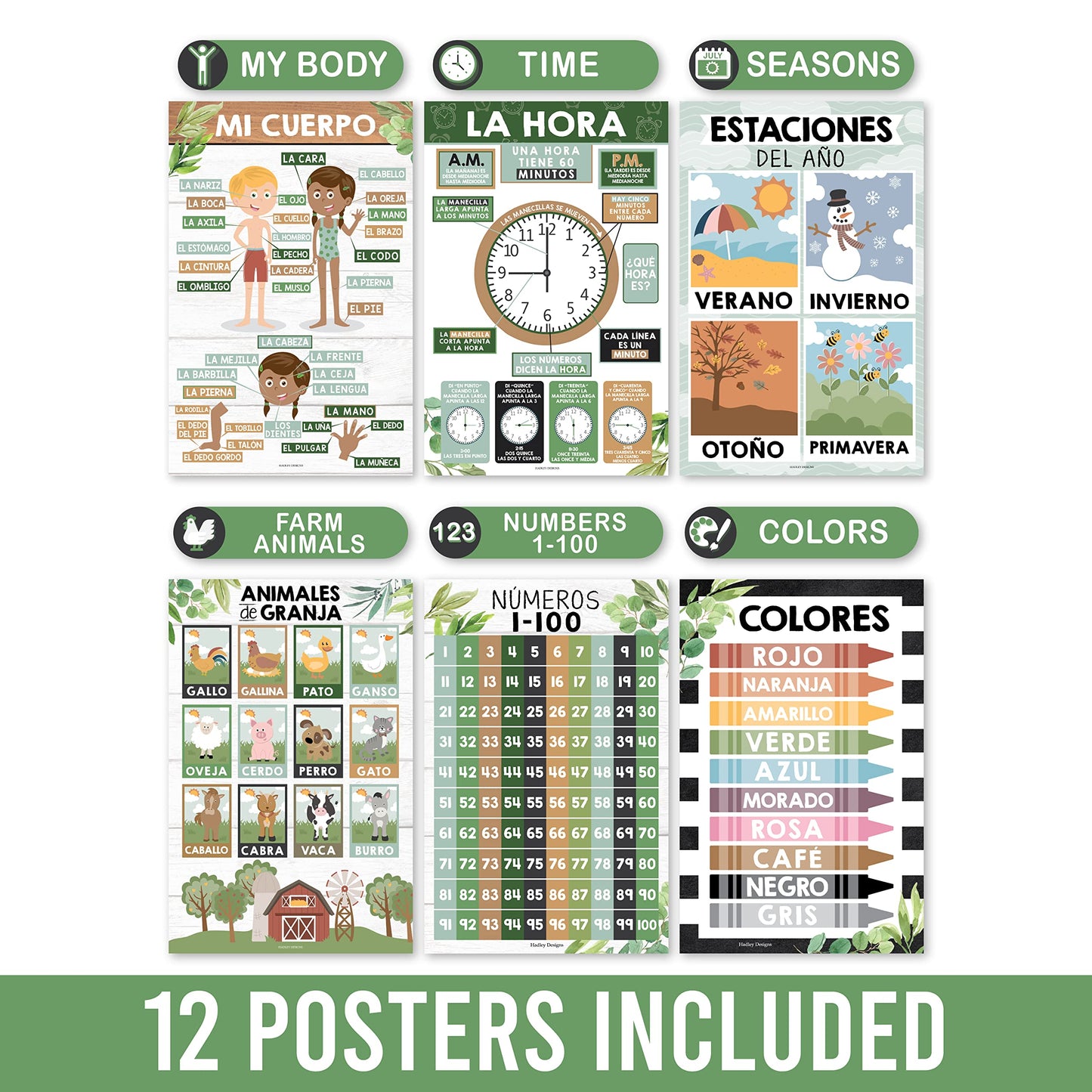 Hadley Designs Spanish Posters for Classroom - 12 Bilingual Educational Posters for Spanish Classroom Decorations Must Haves, Calendario y Alfabeto en Español Para la Pared, Farmhouse Teacher Supplies