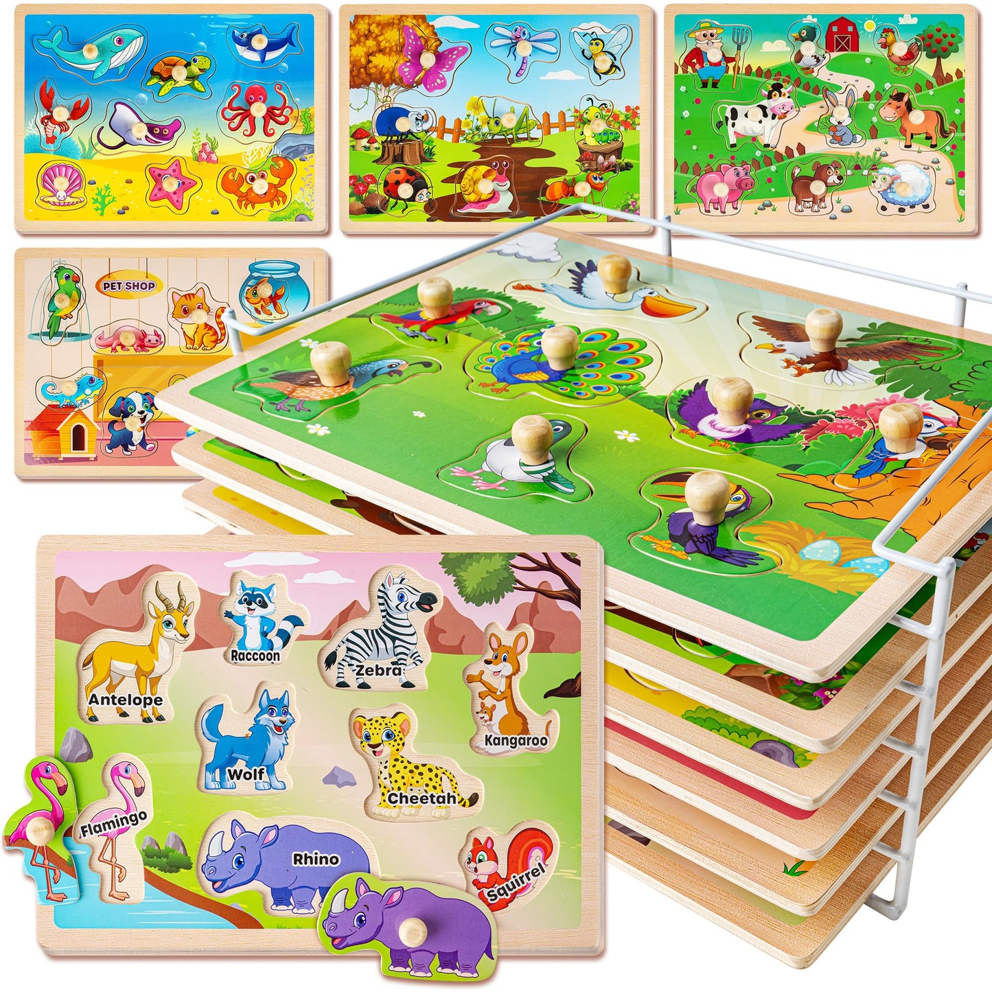 SYNARRY Wooden Puzzles for Toddlers 1-3, 6XSET Animals Puzzles for Toddlers 2-4 with Rack, Toddler Puzzles Ages 2-4, Kids Learning Educational Montessori Toys, Education Toys for 2 3 Years Boys Girls