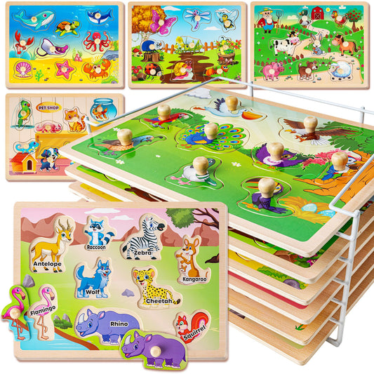 SYNARRY Wooden Puzzles for Toddlers 1-3, 6XSET Animals Puzzles for Toddlers 2-4 with Rack, Toddler Puzzles Ages 2-4, Kids Learning Educational Montessori Toys, Education Toys for 2 3 Years Boys Girls