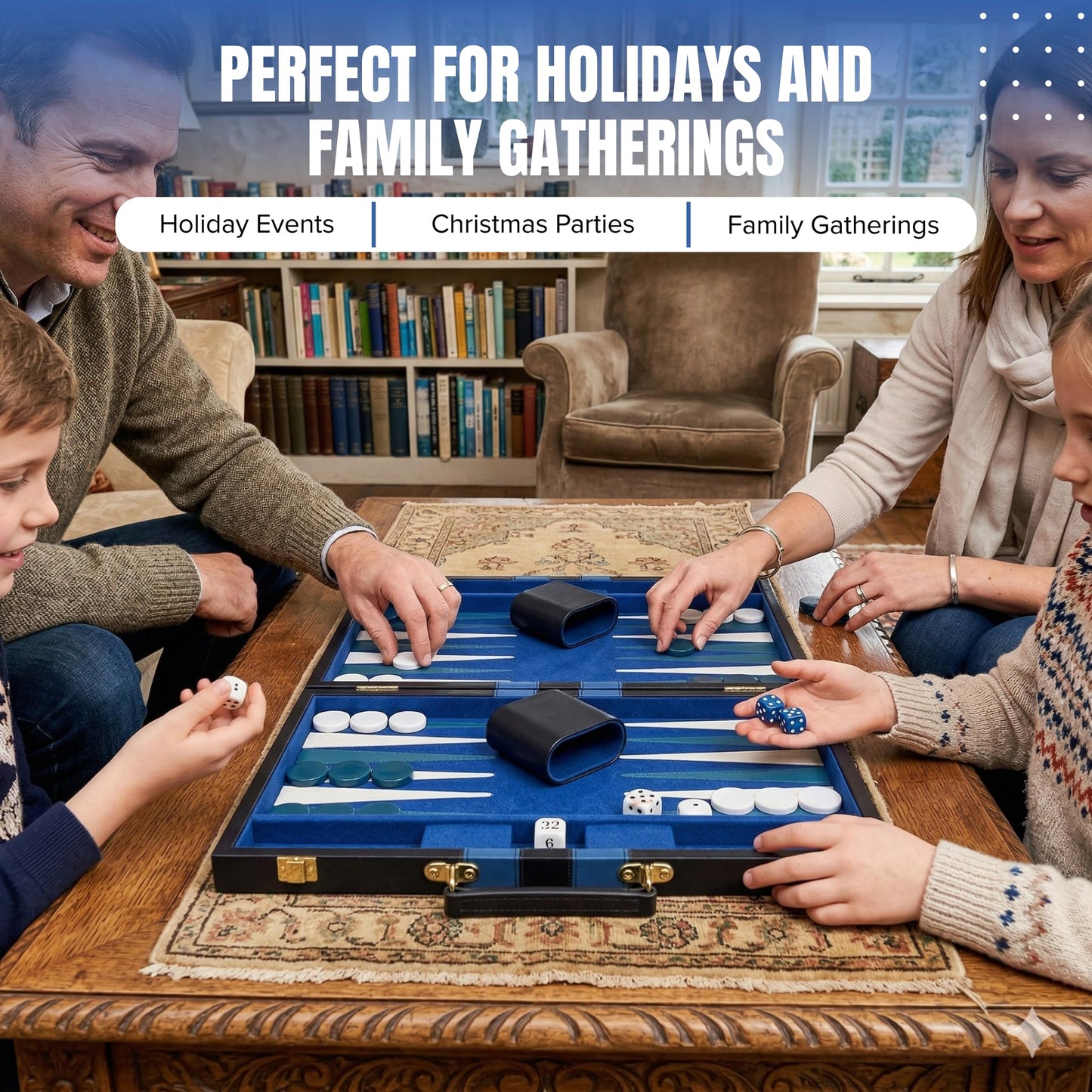Premium Backgammon 18 Inches Large Blue - Backgammon Sets for Adults and Kids - Leatherette Back Gammon Board Game Set - Travel Backgammon Set Board Encased with Accessories