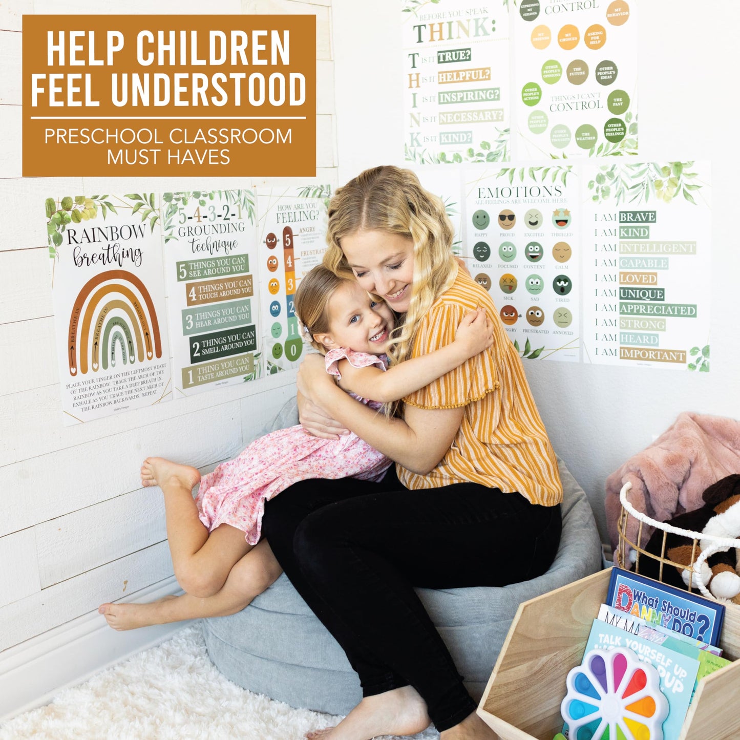 Hadley Designs 8 Calming Corner Posters for Classroom Must Haves -Calm Down Corner Supplies with Emotions Chart,School Counselor Mental Health Poster, Feelings Chart For Kids, Greenery Classroom Decor