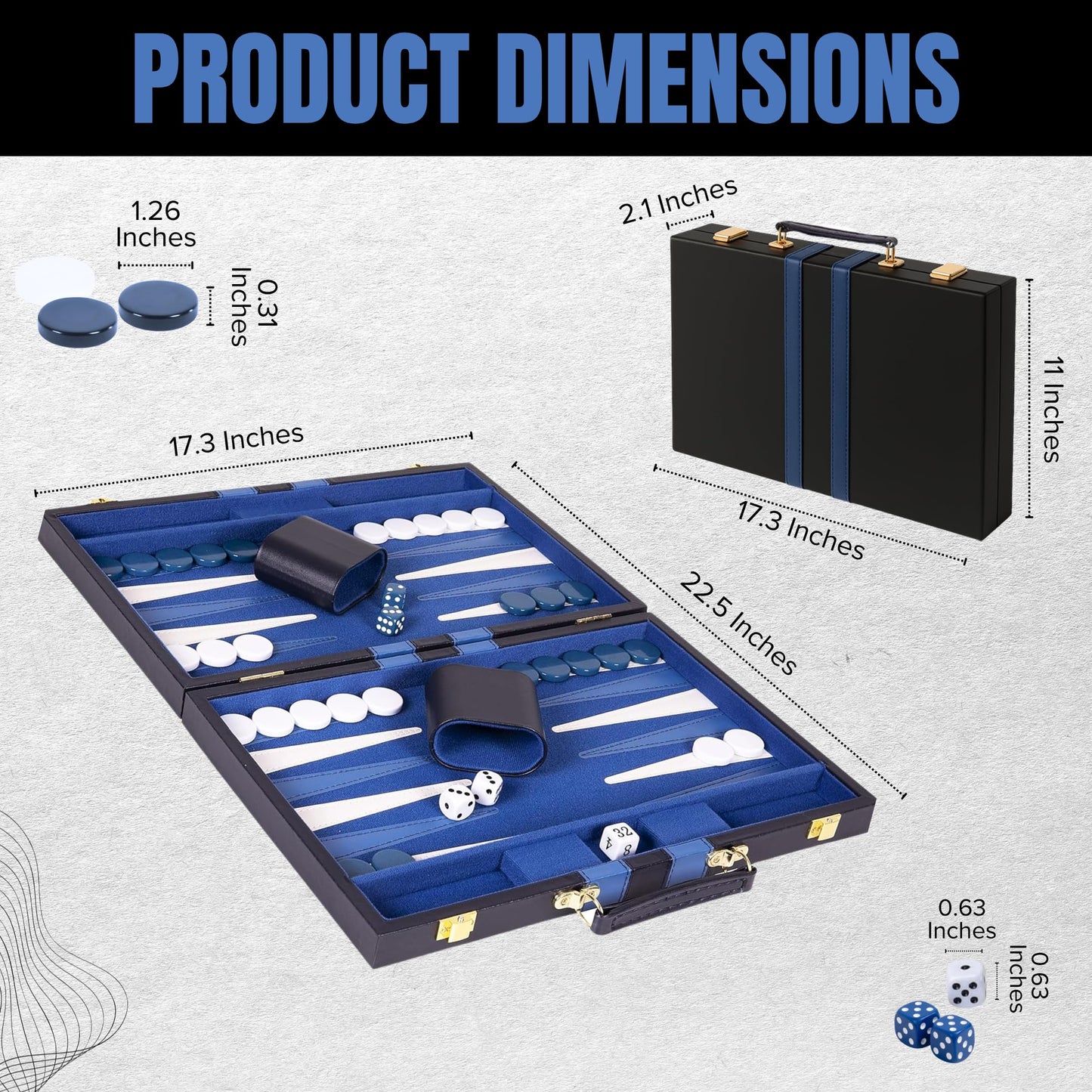 Premium Backgammon 18 Inches Large Blue - Backgammon Sets for Adults and Kids - Leatherette Back Gammon Board Game Set - Travel Backgammon Set Board Encased with Accessories