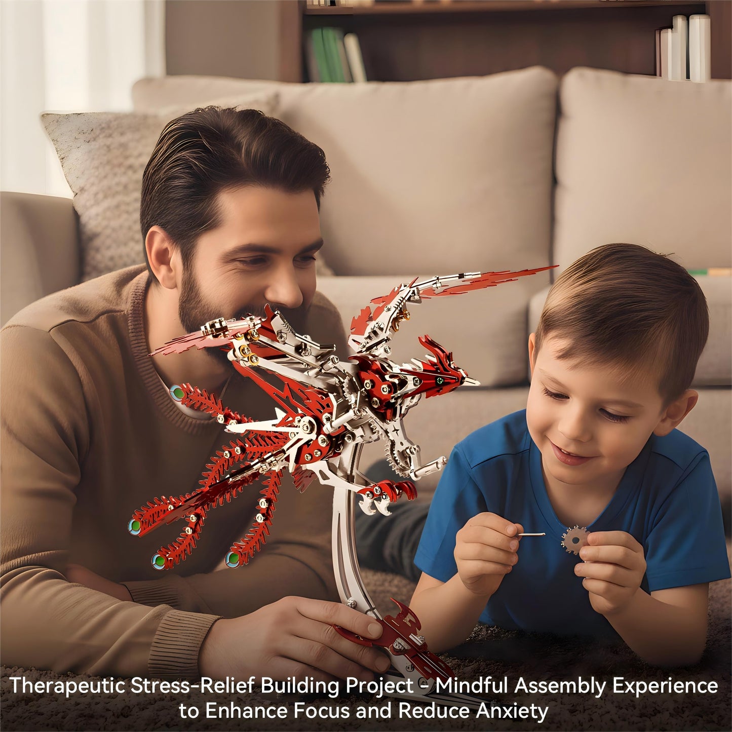 Gold-Plated Metal Phoenix Model Kit - 3D Stainless Steel Mythical Bird Puzzle for Adults - Mechanical Firebird Figurine - Steampunk Kinetic Art Sculpture - Home Decor Gift(Phoenix-Red)