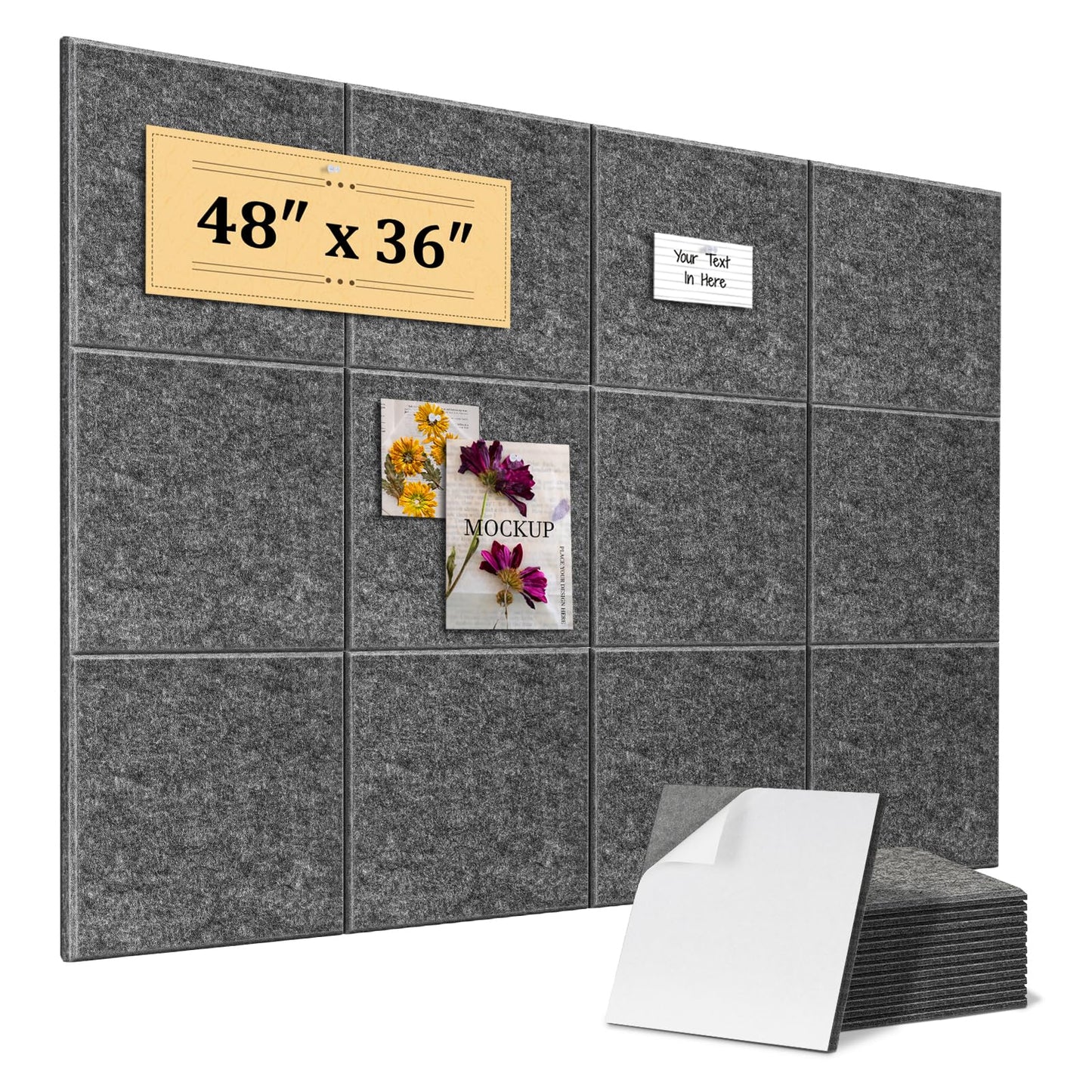 QUEENLINK Large Cork Boards 48"x36", 12-Pack Self-Adhesive Felt Bulletin Board Tiles with 120 Push Pins, Square Felt Wall Panels Pin Board Tack Board Wall Organizer for Home Office Decor, Grey