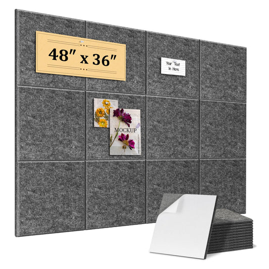 QUEENLINK Large Cork Boards 48"x36", 12-Pack Self-Adhesive Felt Bulletin Board Tiles with 120 Push Pins, Square Felt Wall Panels Pin Board Tack Board Wall Organizer for Home Office Decor, Grey
